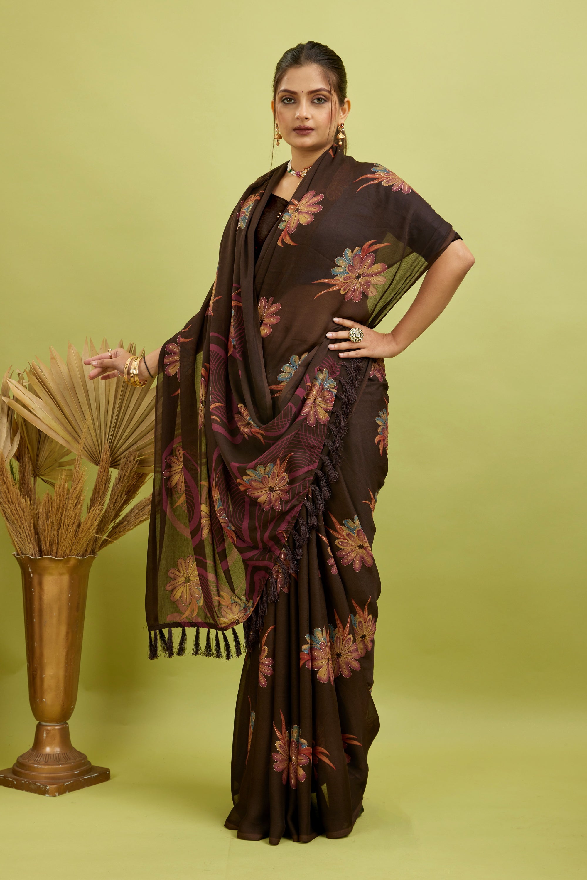 Wine Digital Printed Bright Moss Satin Border Saree