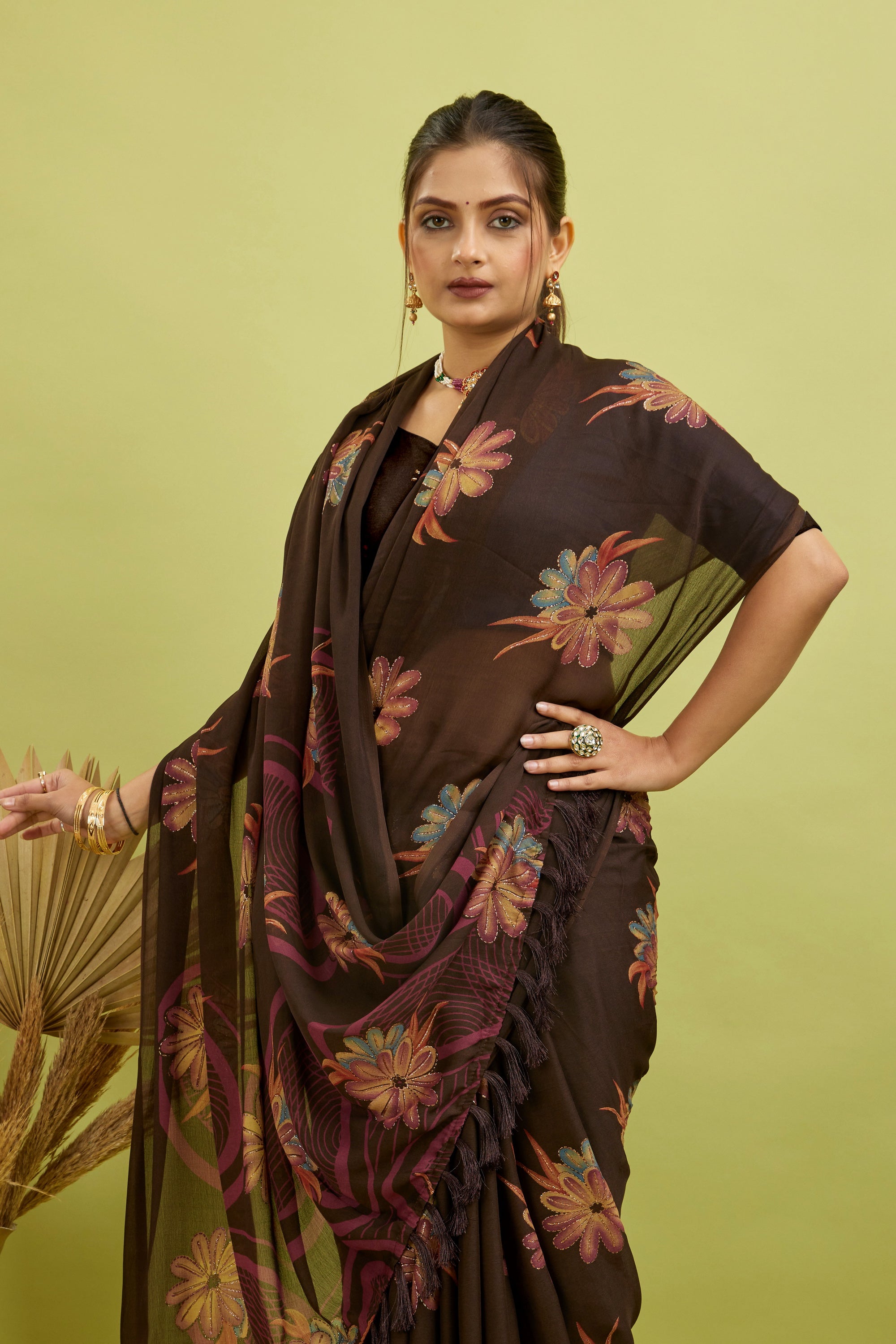 Wine Digital Printed Bright Moss Satin Border Saree