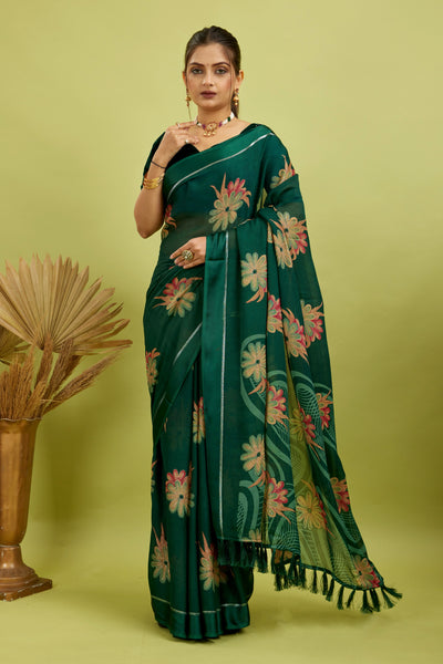 Green Digital Printed Bright Moss Satin Border Saree