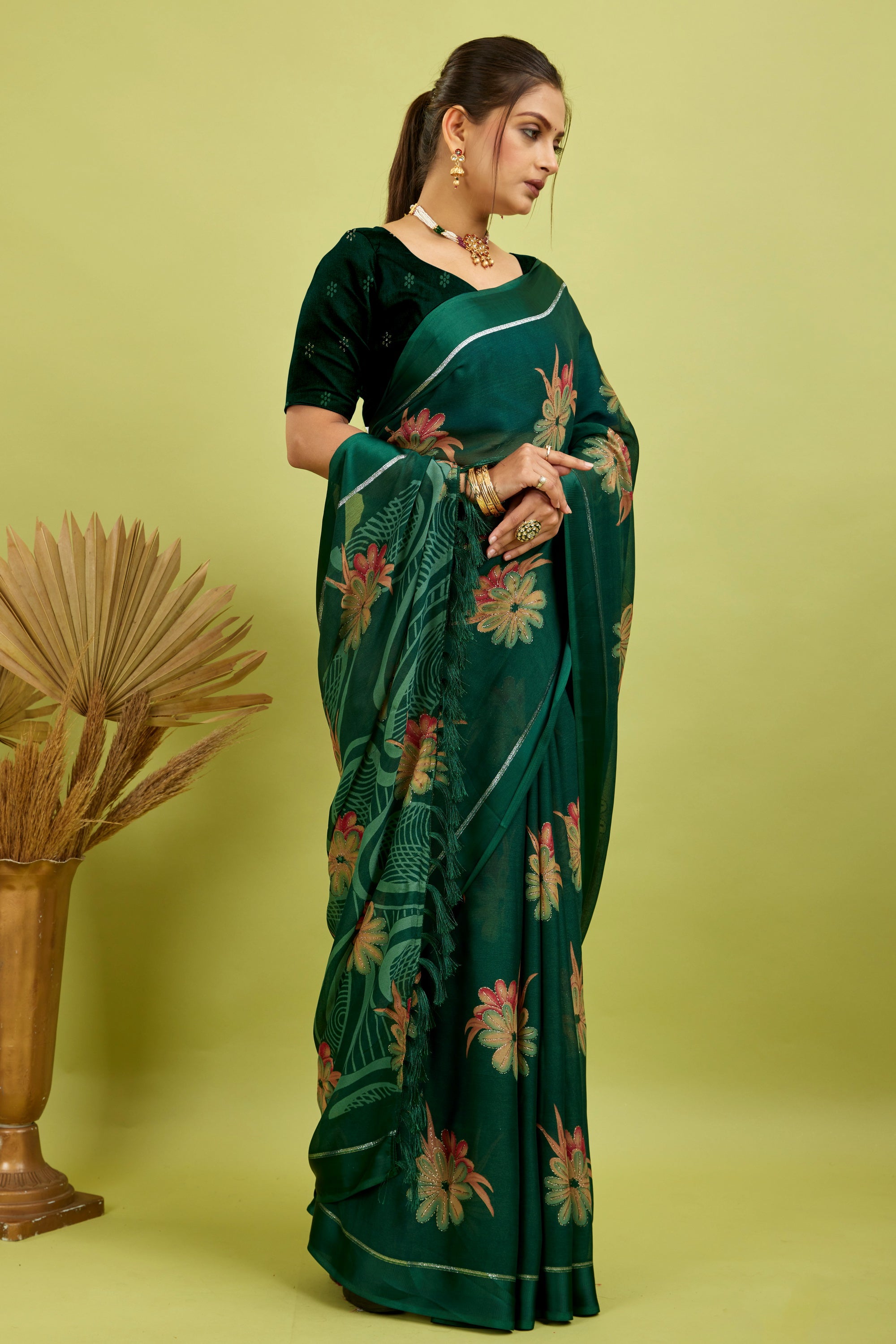 Green Digital Printed Bright Moss Satin Border Saree