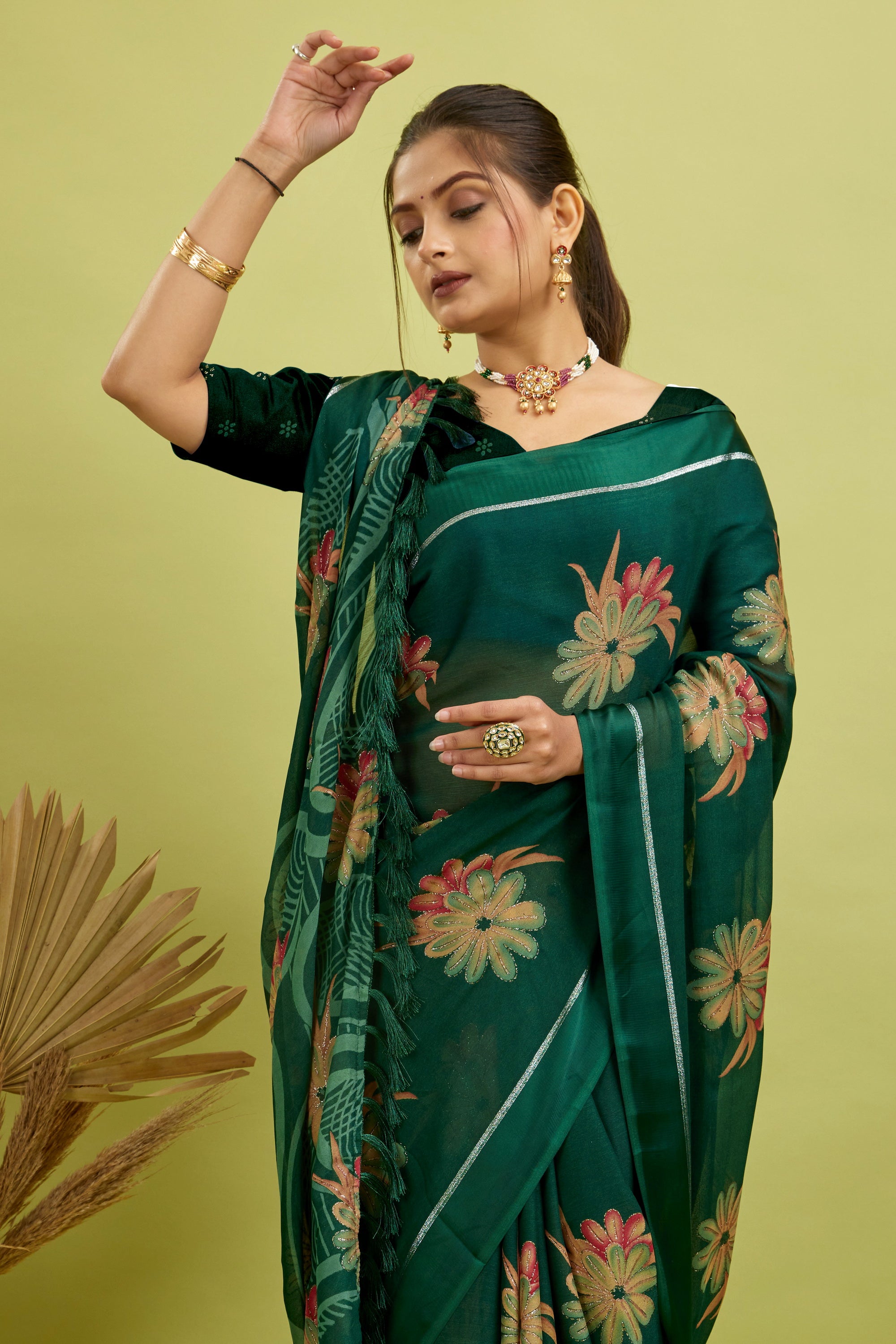 Green Digital Printed Bright Moss Satin Border Saree