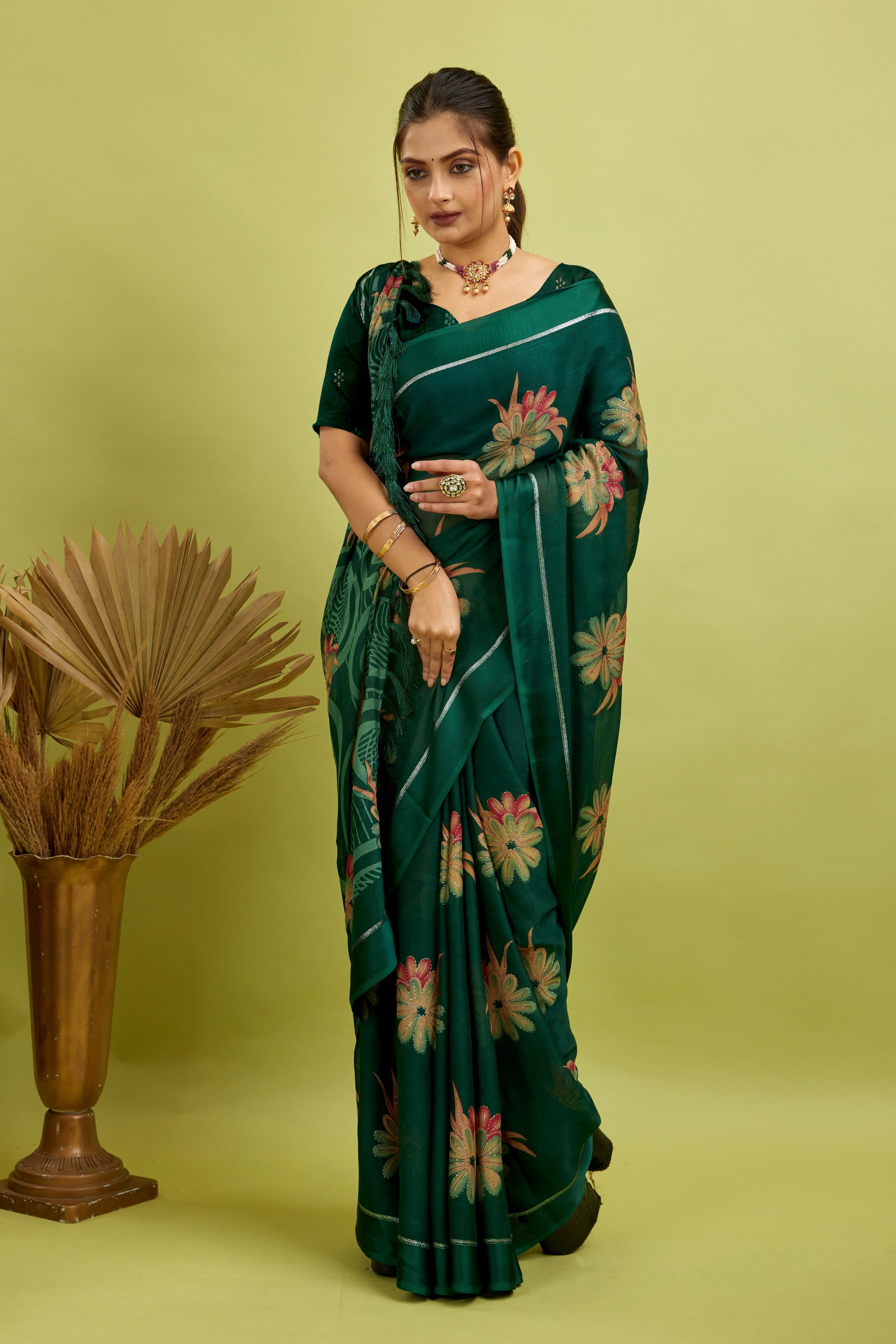 Green Digital Printed Bright Moss Satin Border Saree