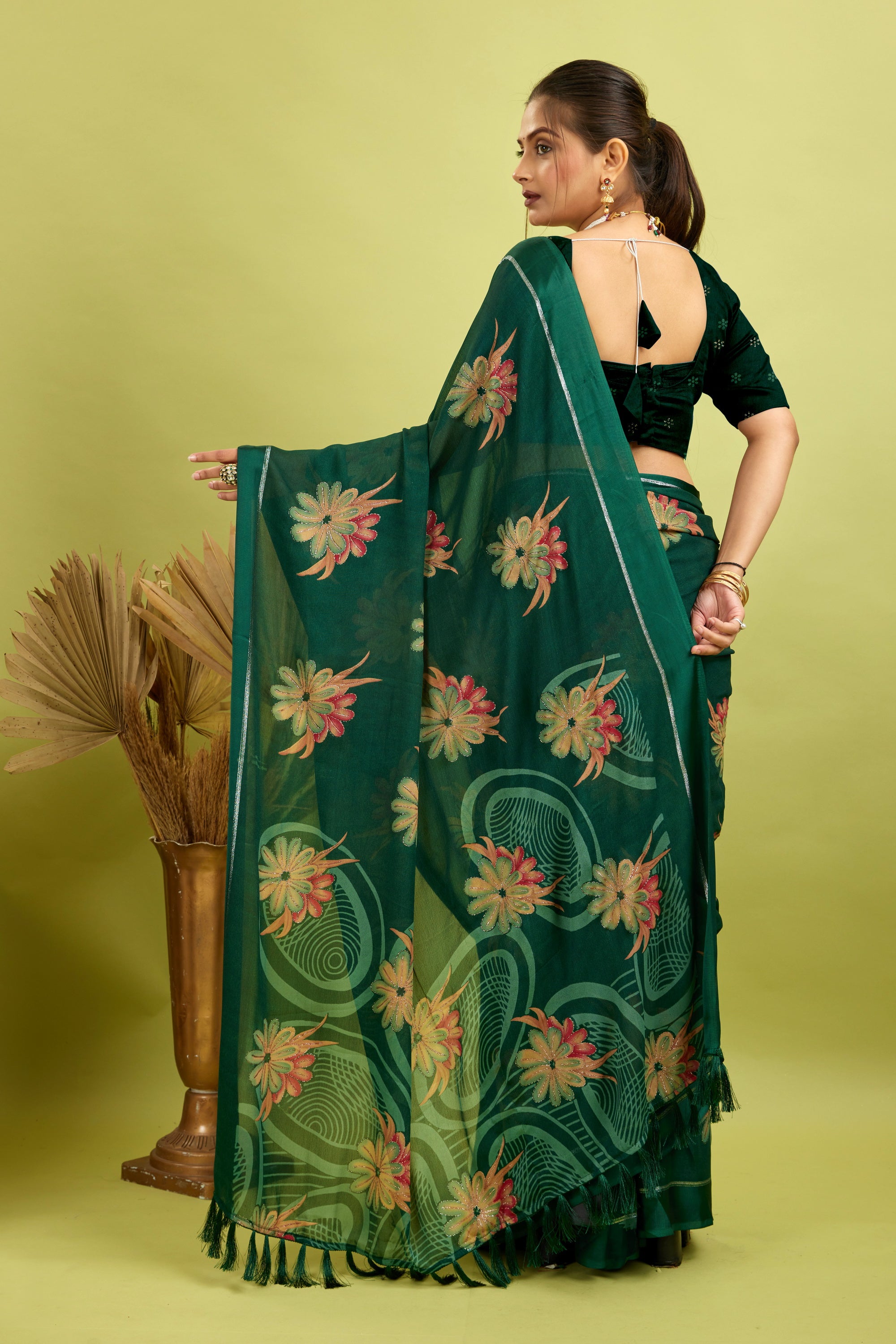 Green Digital Printed Bright Moss Satin Border Saree