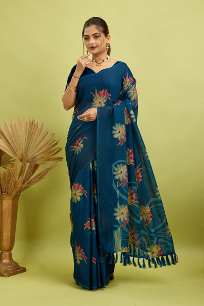 Rama Digital Printed Bright Moss Satin Border Saree