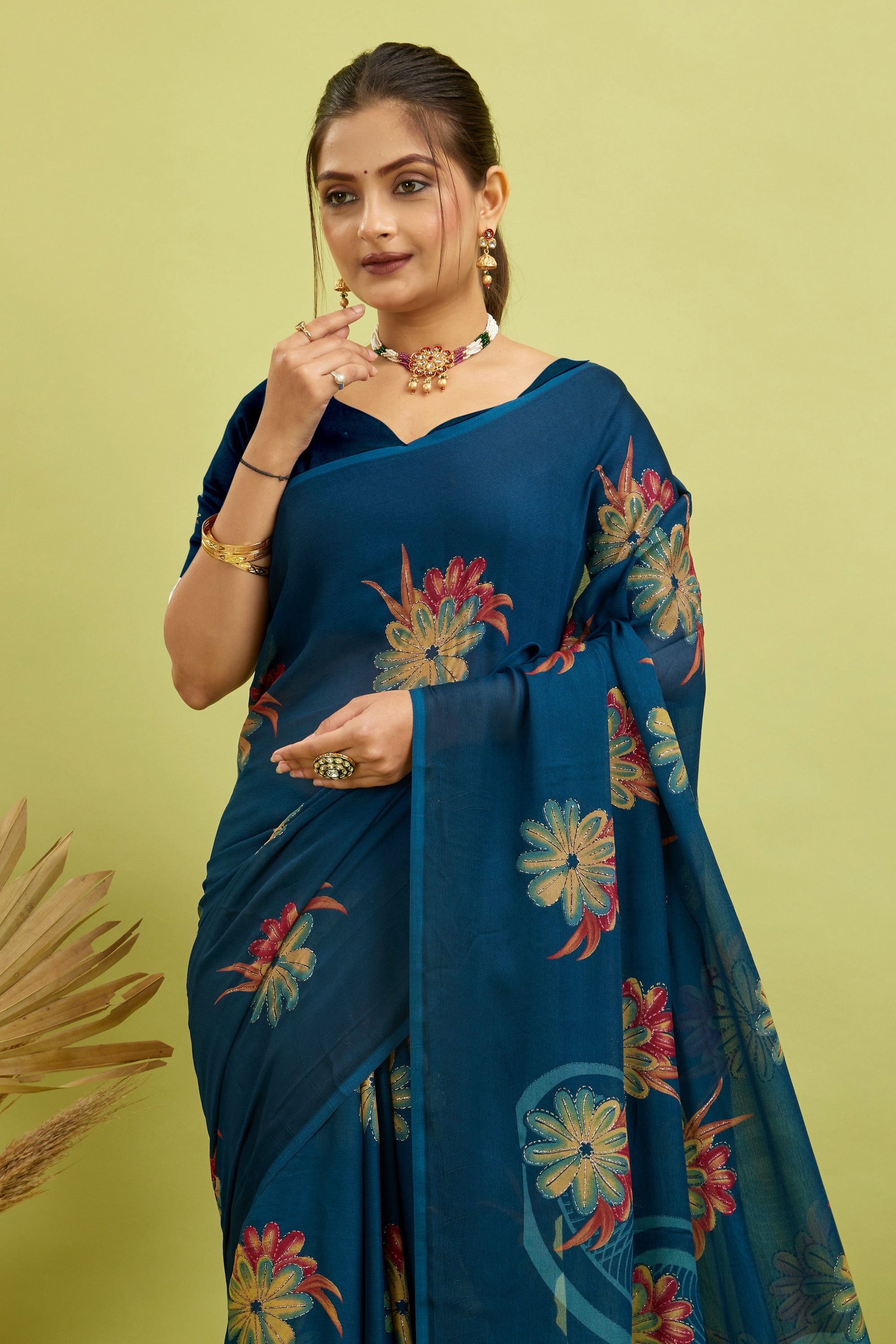 Rama Digital Printed Bright Moss Satin Border Saree