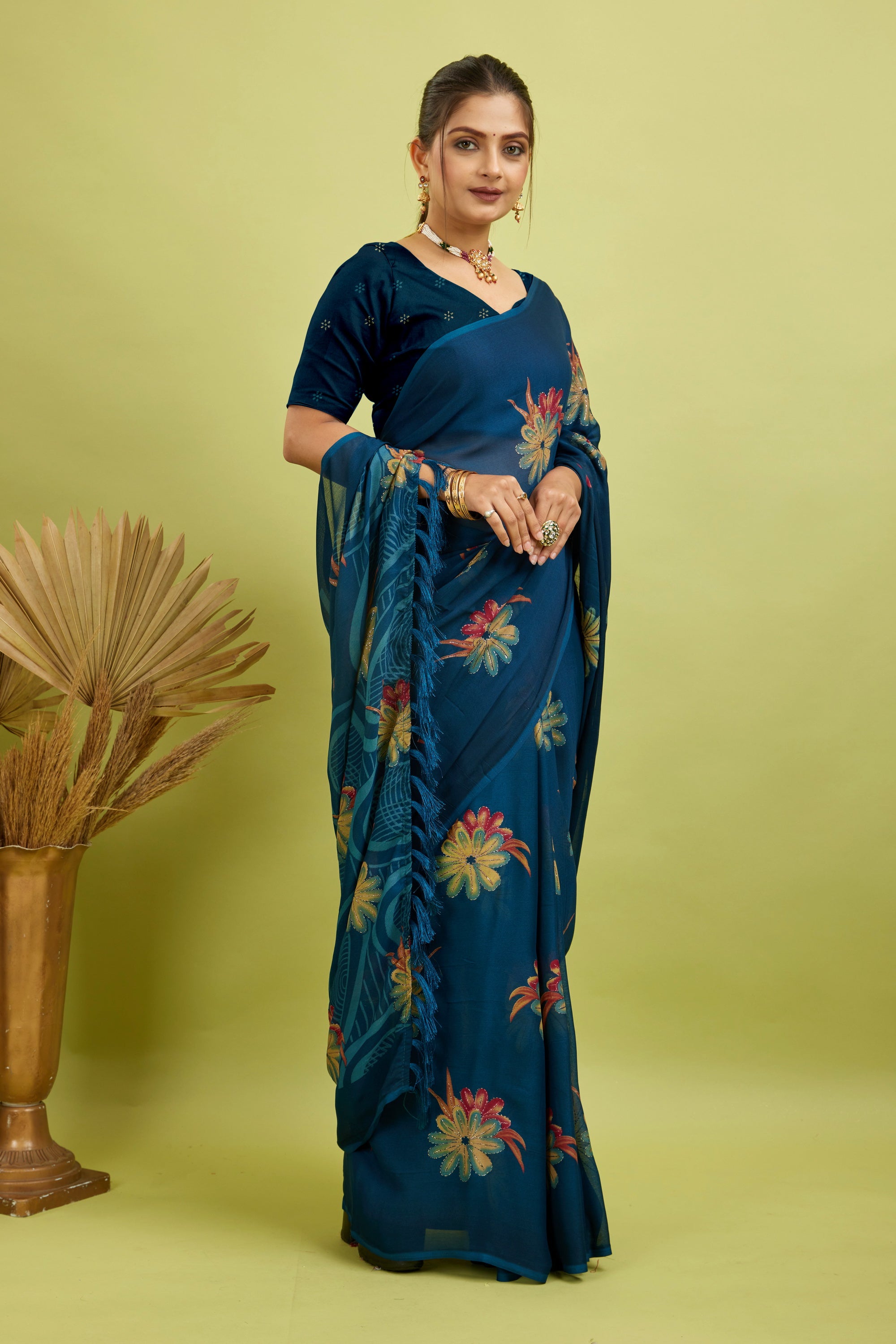 Rama Digital Printed Bright Moss Satin Border Saree