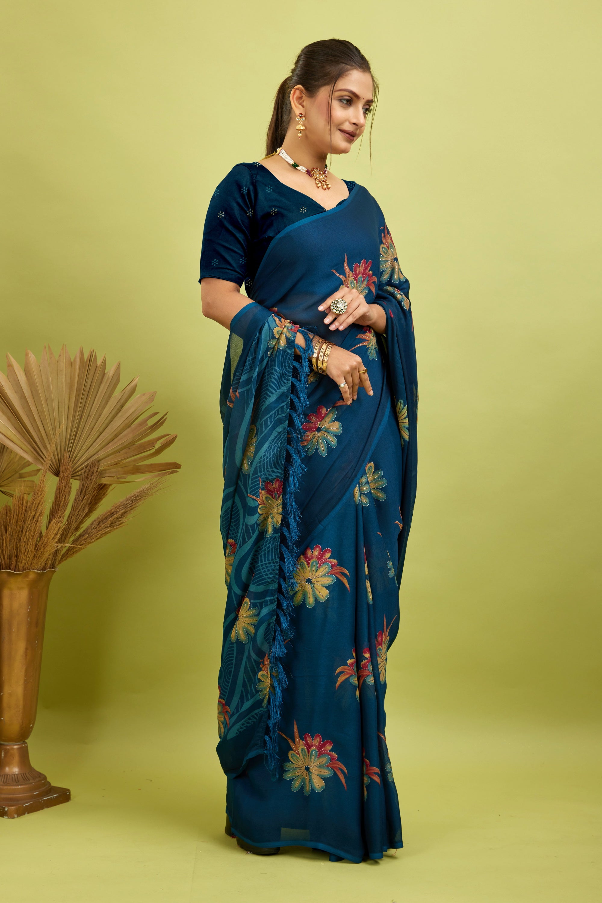 Rama Digital Printed Bright Moss Satin Border Saree