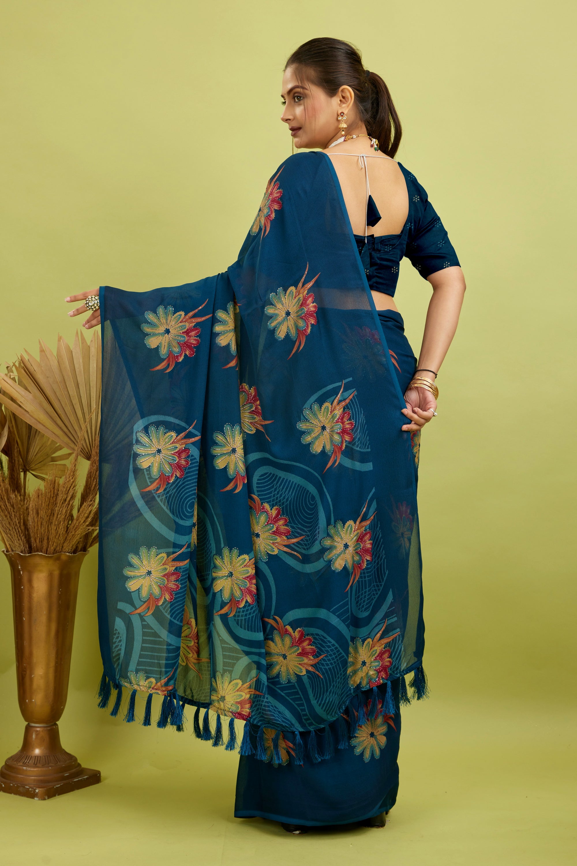Rama Digital Printed Bright Moss Satin Border Saree