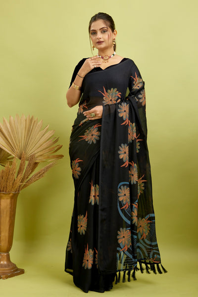 Black Digital Printed Bright Moss Satin Border Saree