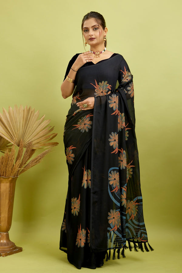 Black Digital Printed Bright Moss Satin Border Saree