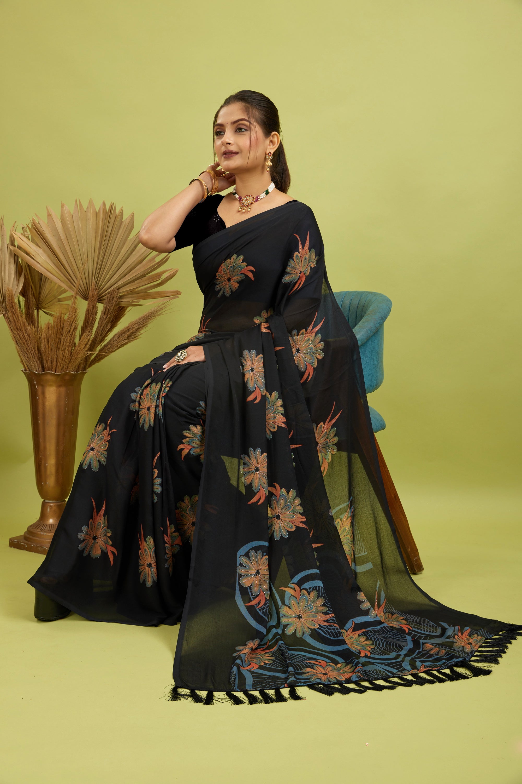 Black Digital Printed Bright Moss Satin Border Saree