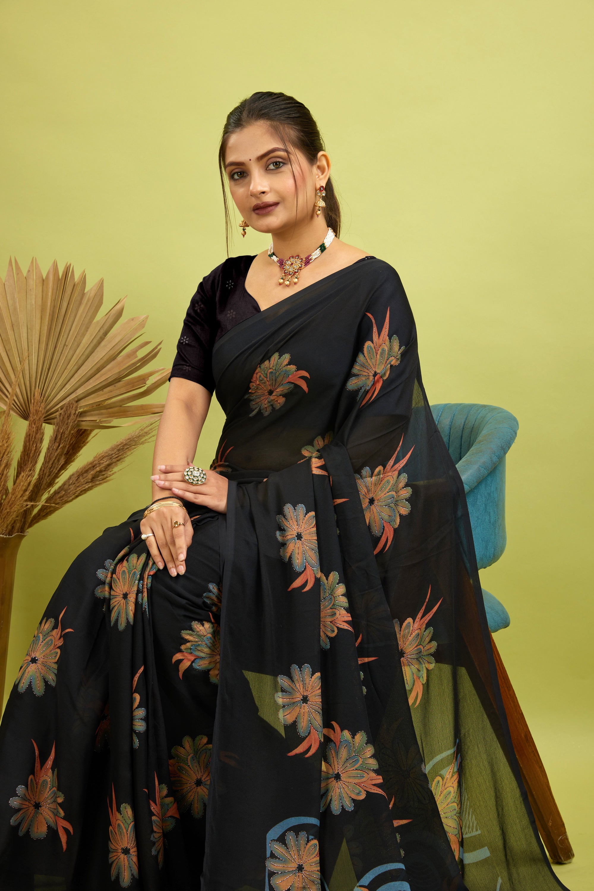 Black Digital Printed Bright Moss Satin Border Saree