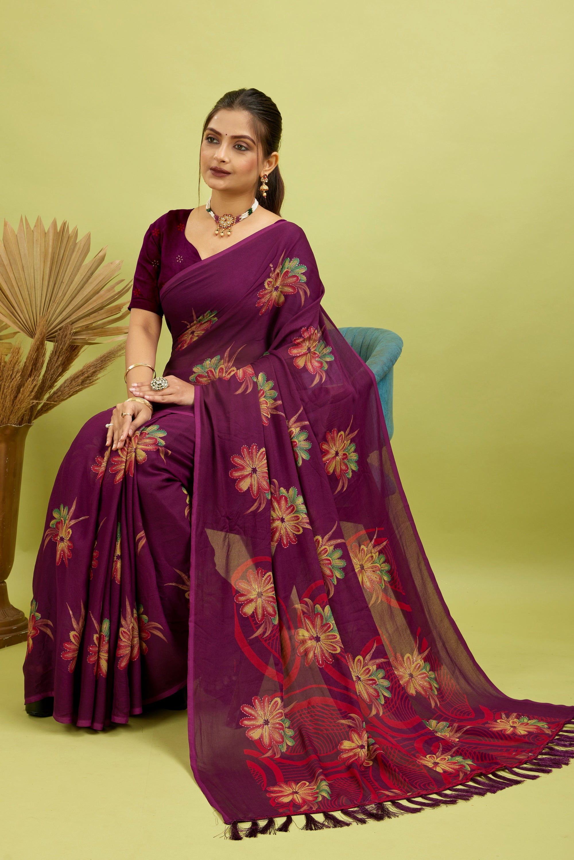 Purple Digital Printed Bright Moss Satin Border Saree