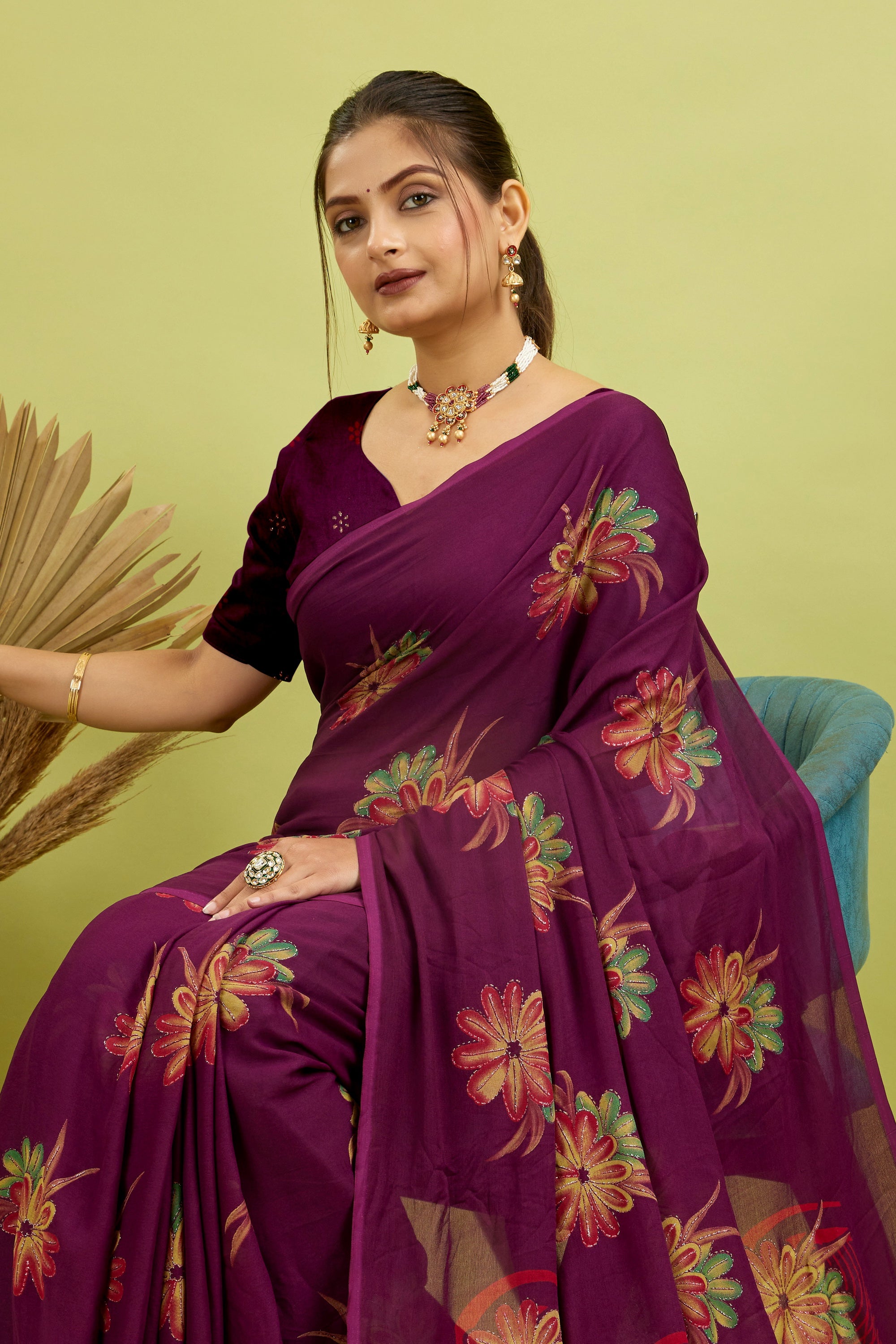 Purple Digital Printed Bright Moss Satin Border Saree