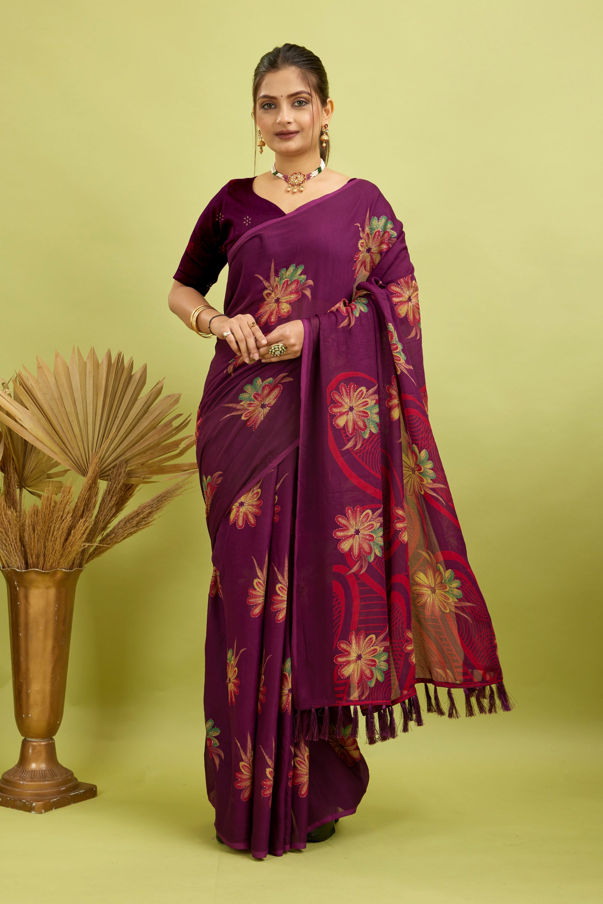 Purple Digital Printed Bright Moss Satin Border Saree