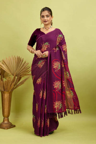 Purple Digital Printed Bright Moss Satin Border Saree