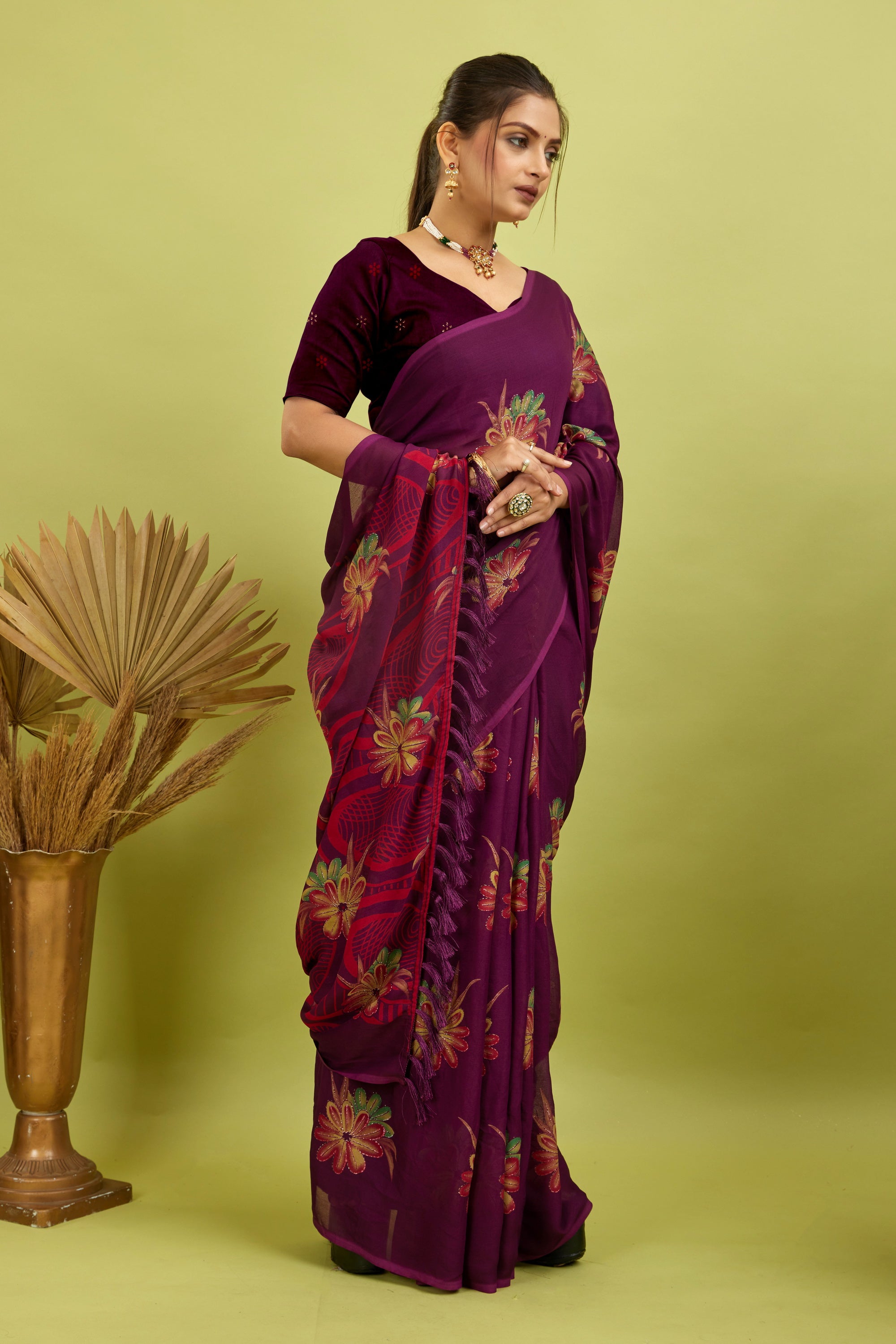 Purple Digital Printed Bright Moss Satin Border Saree