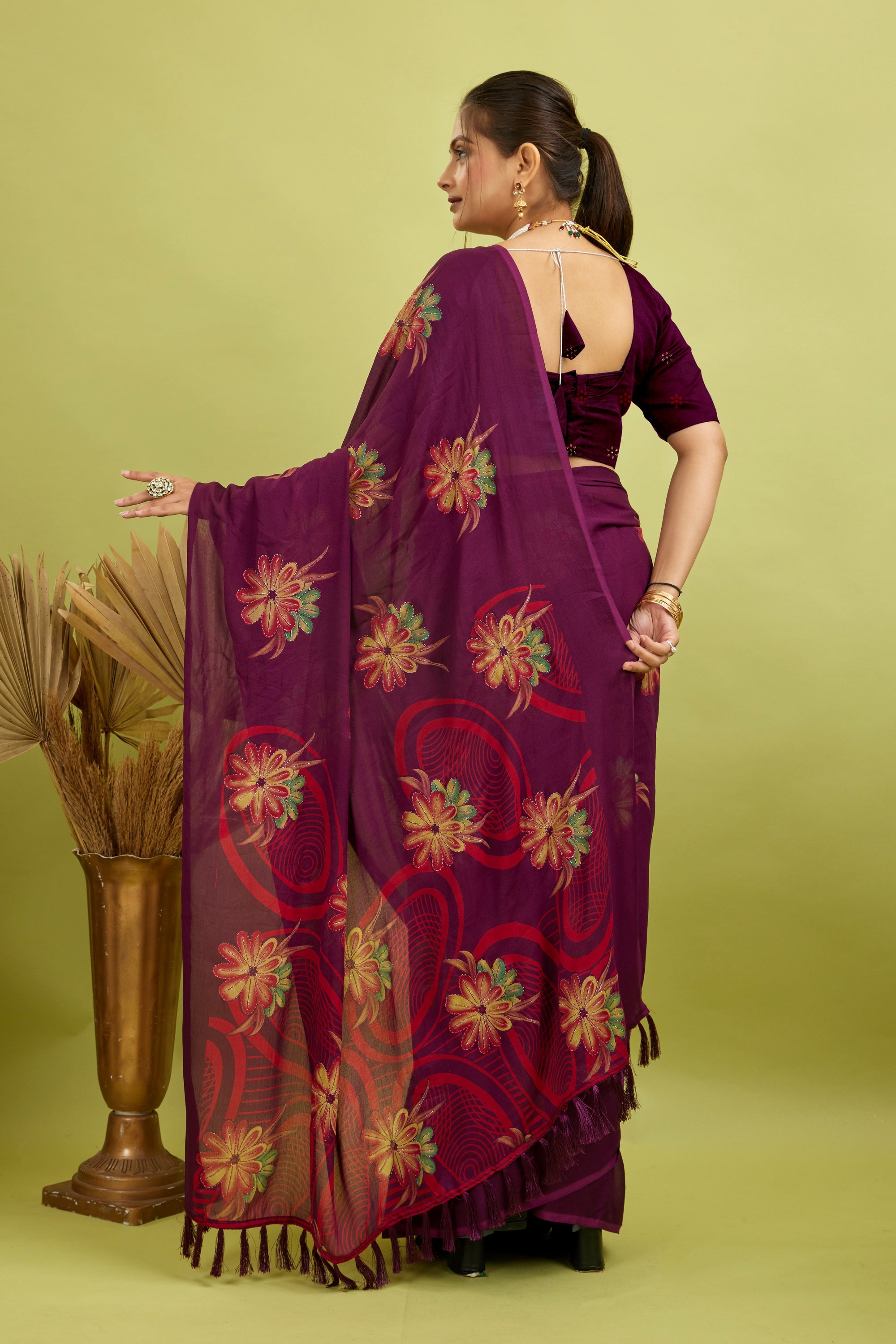 Purple Digital Printed Bright Moss Satin Border Saree
