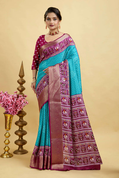 Blue Soft Dola Cotton Printed Kanjivaram Saree
