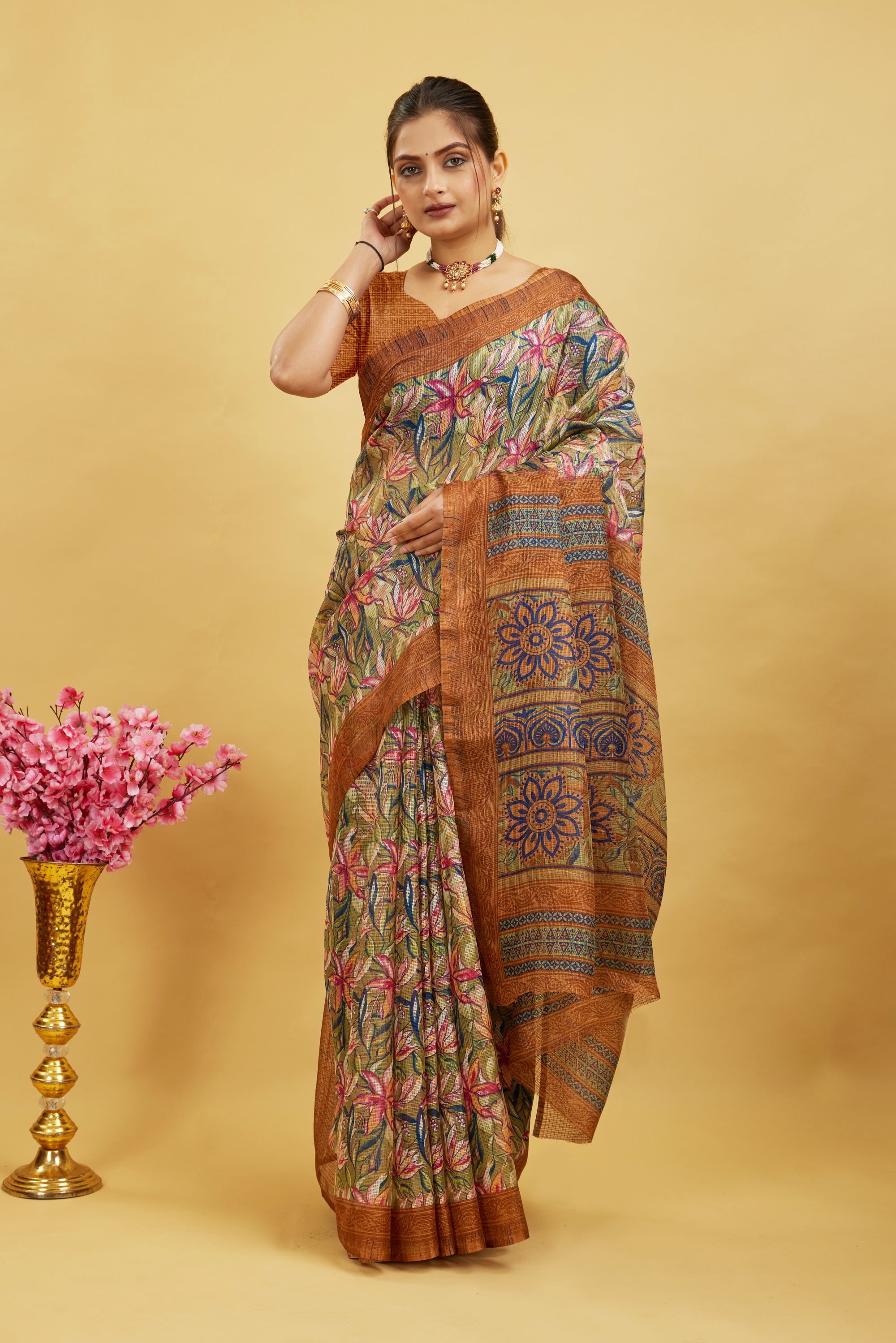 Brown Digital Printed Cotton Silk Saree