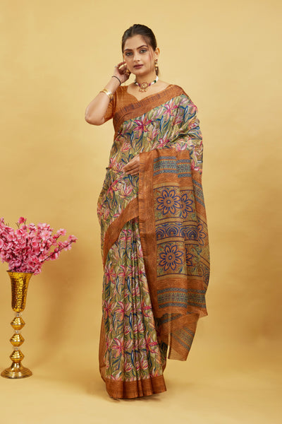 Brown Digital Printed Cotton Silk Saree