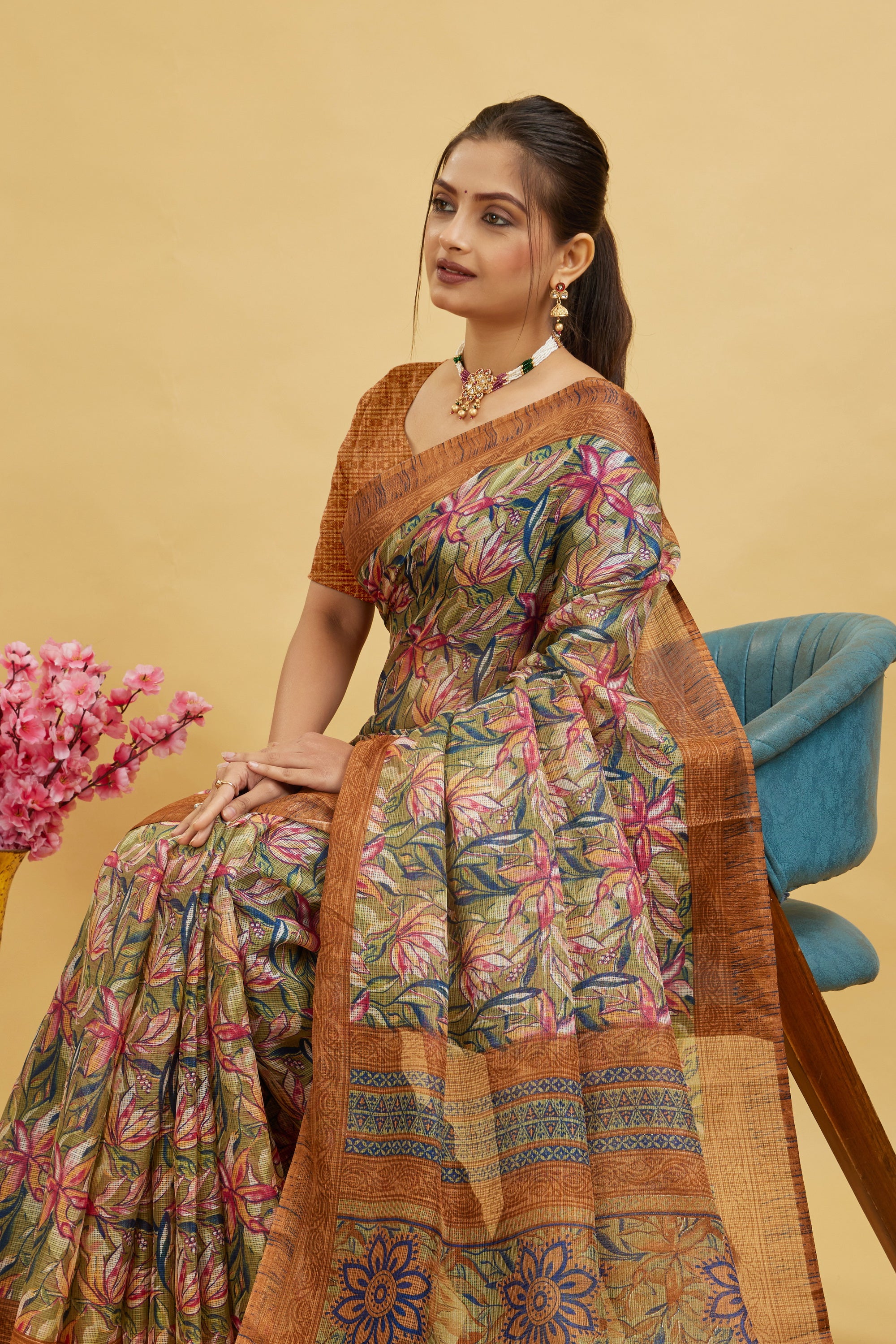 Brown Digital Printed Cotton Silk Saree