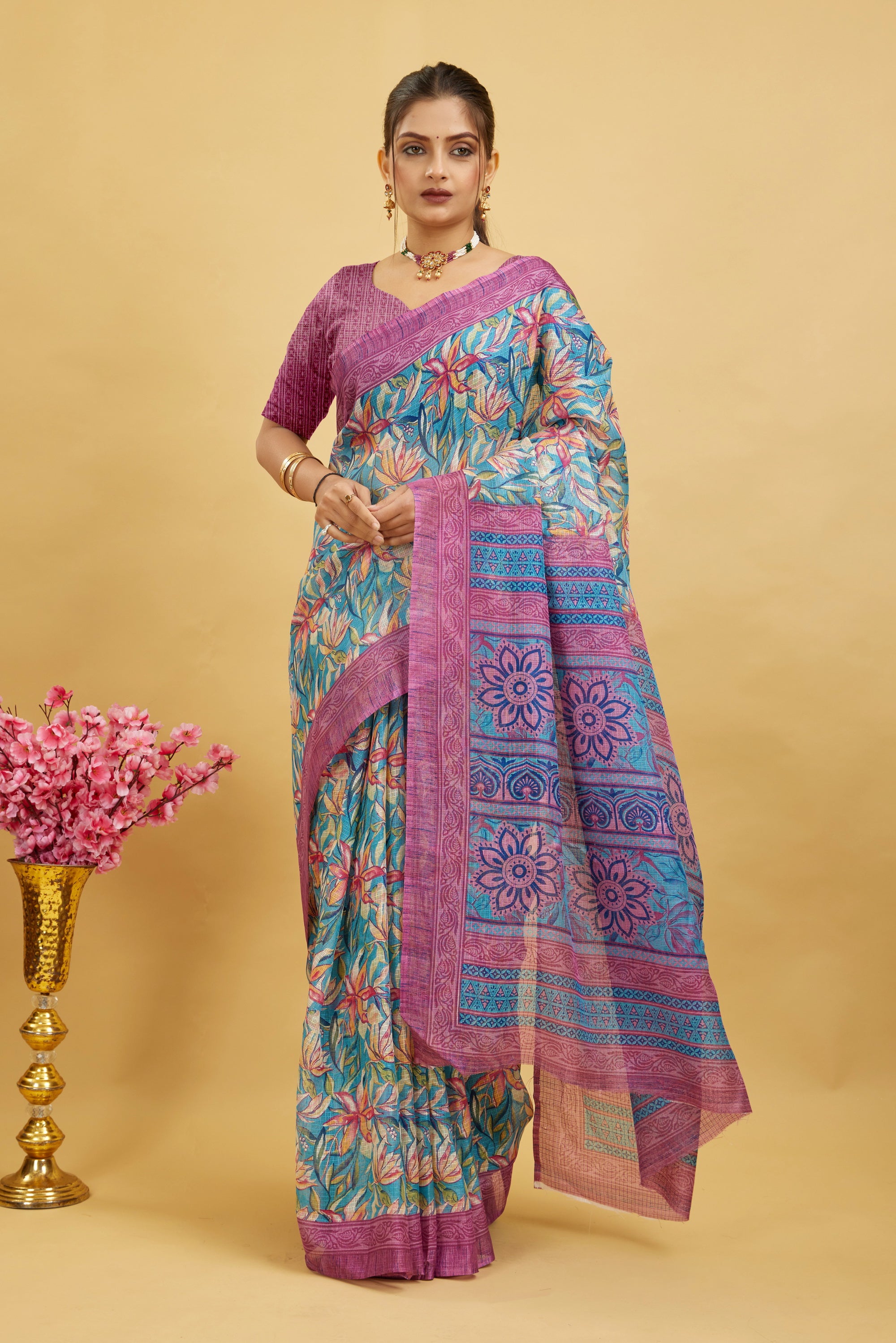 Pink Digital Printed Cotton Silk Saree