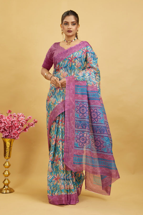 Pink Digital Printed Cotton Silk Saree