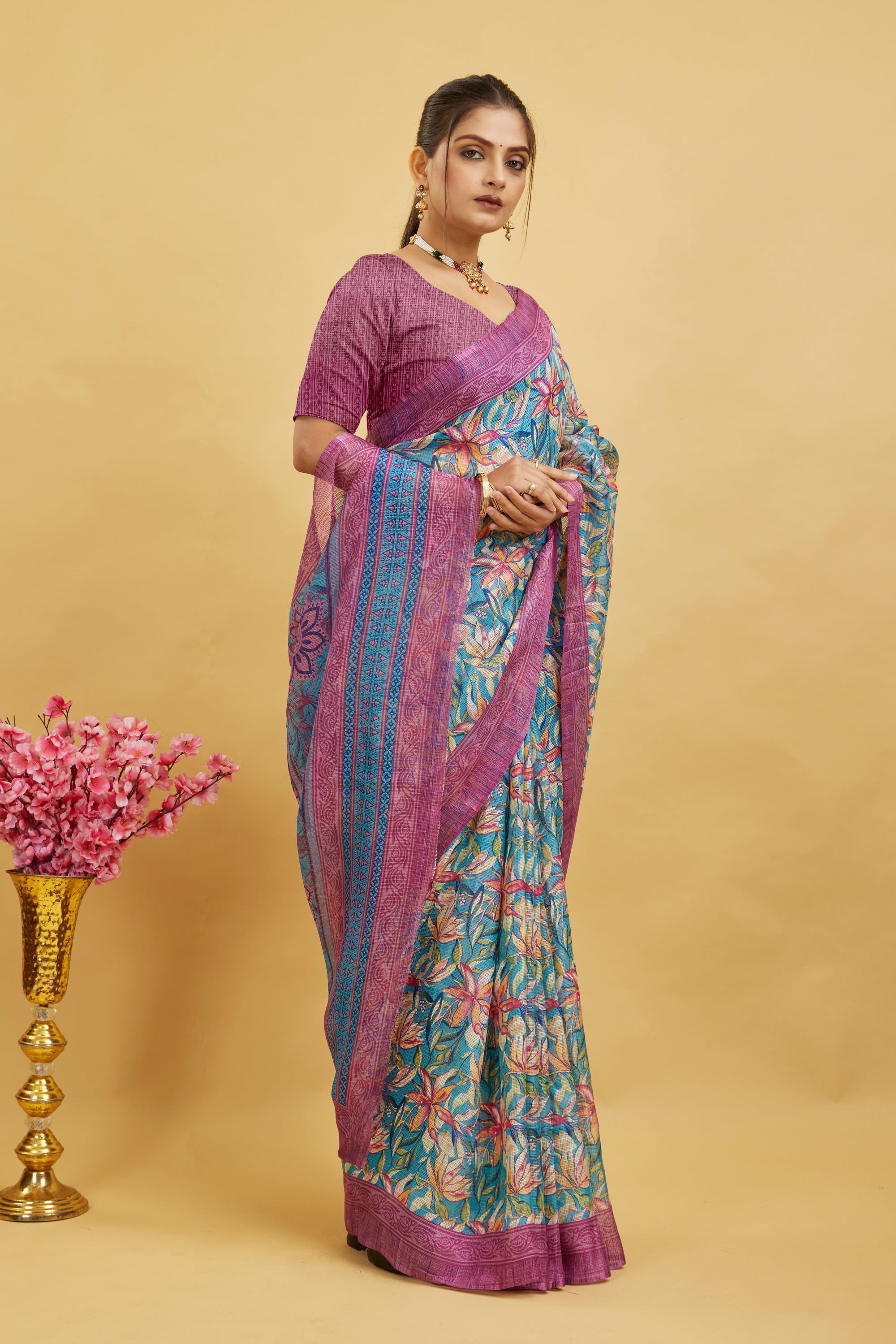 Pink Digital Printed Cotton Silk Saree