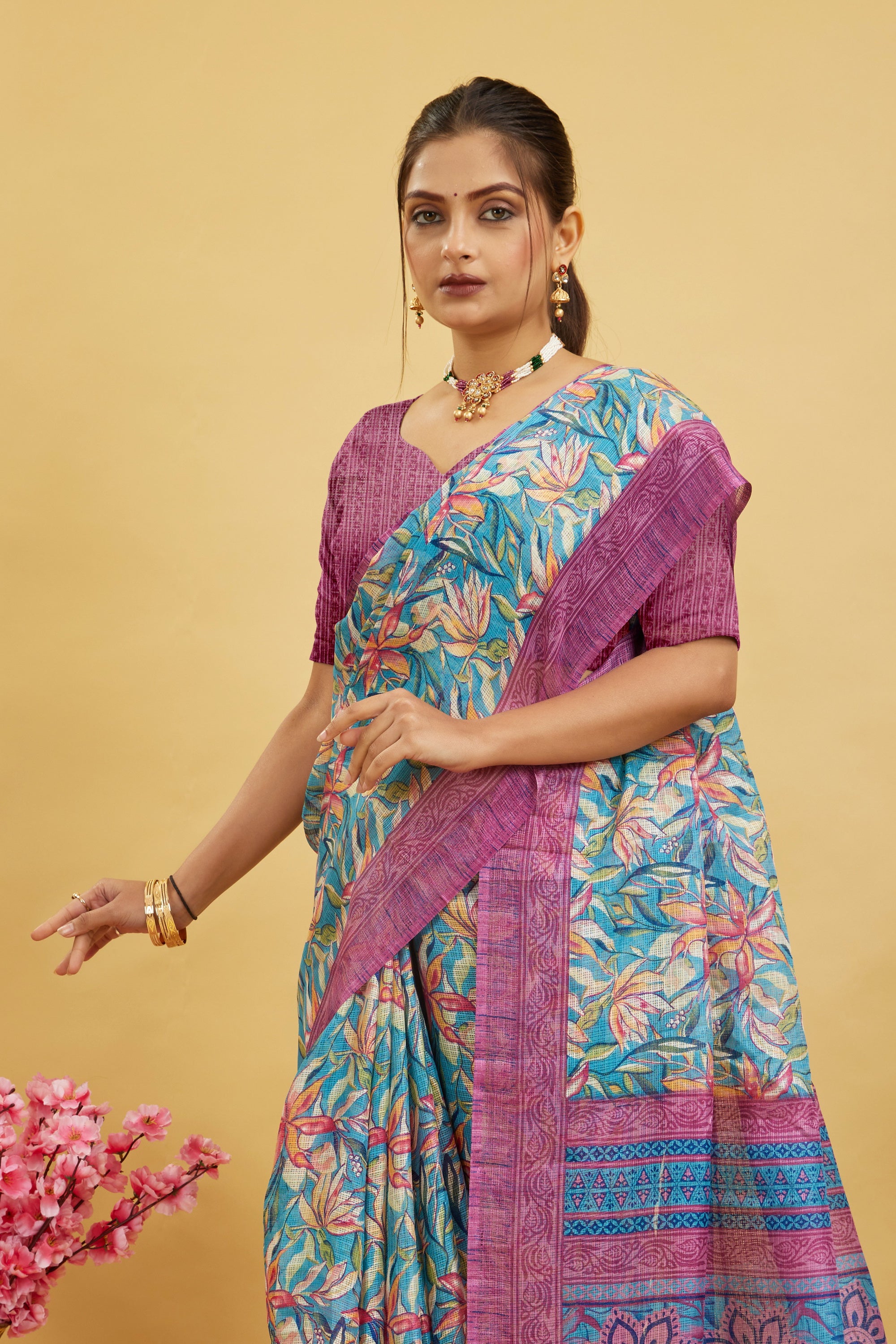 Pink Digital Printed Cotton Silk Saree