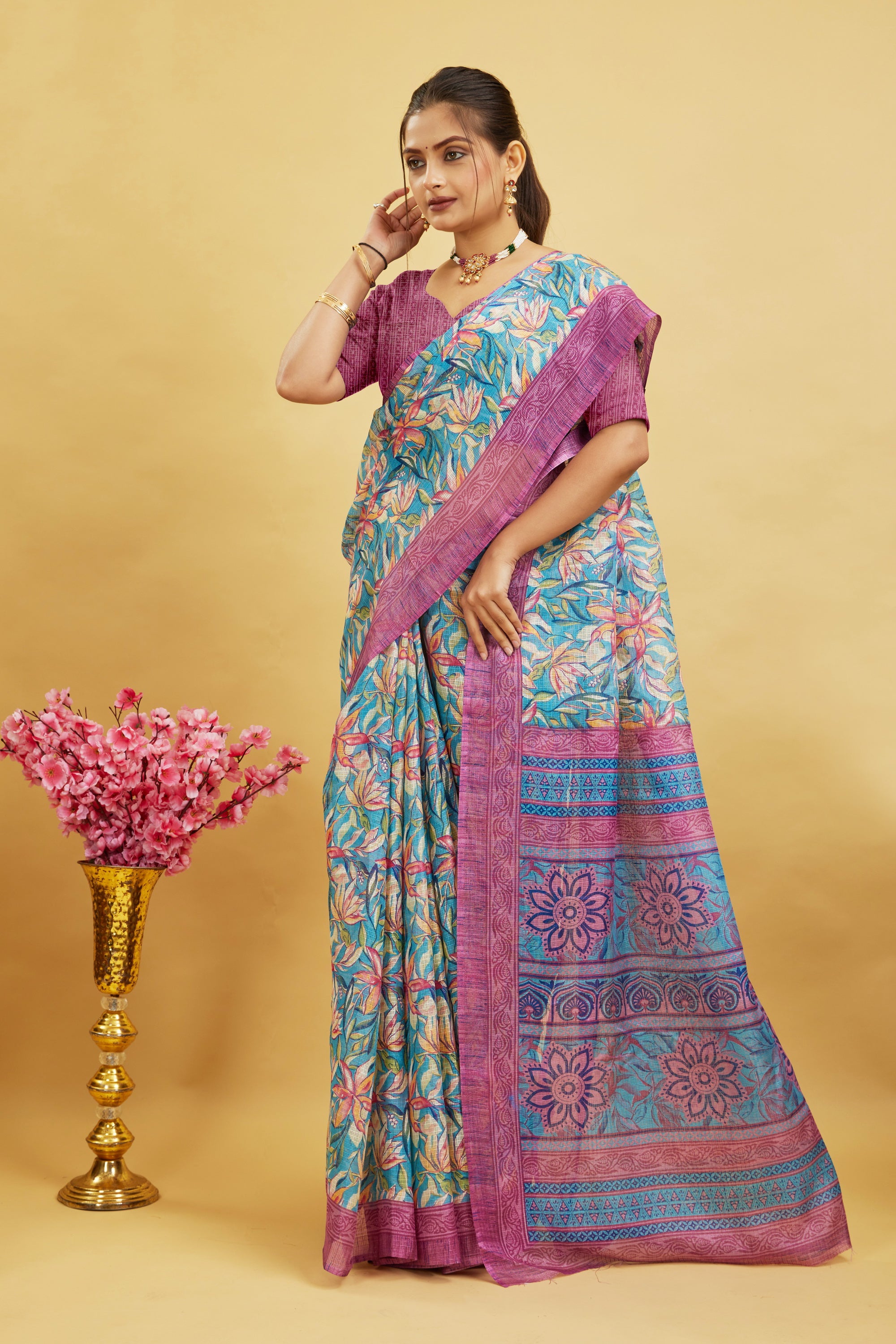 Pink Digital Printed Cotton Silk Saree