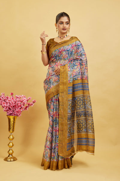 Yellow Digital Printed Cotton Silk Saree