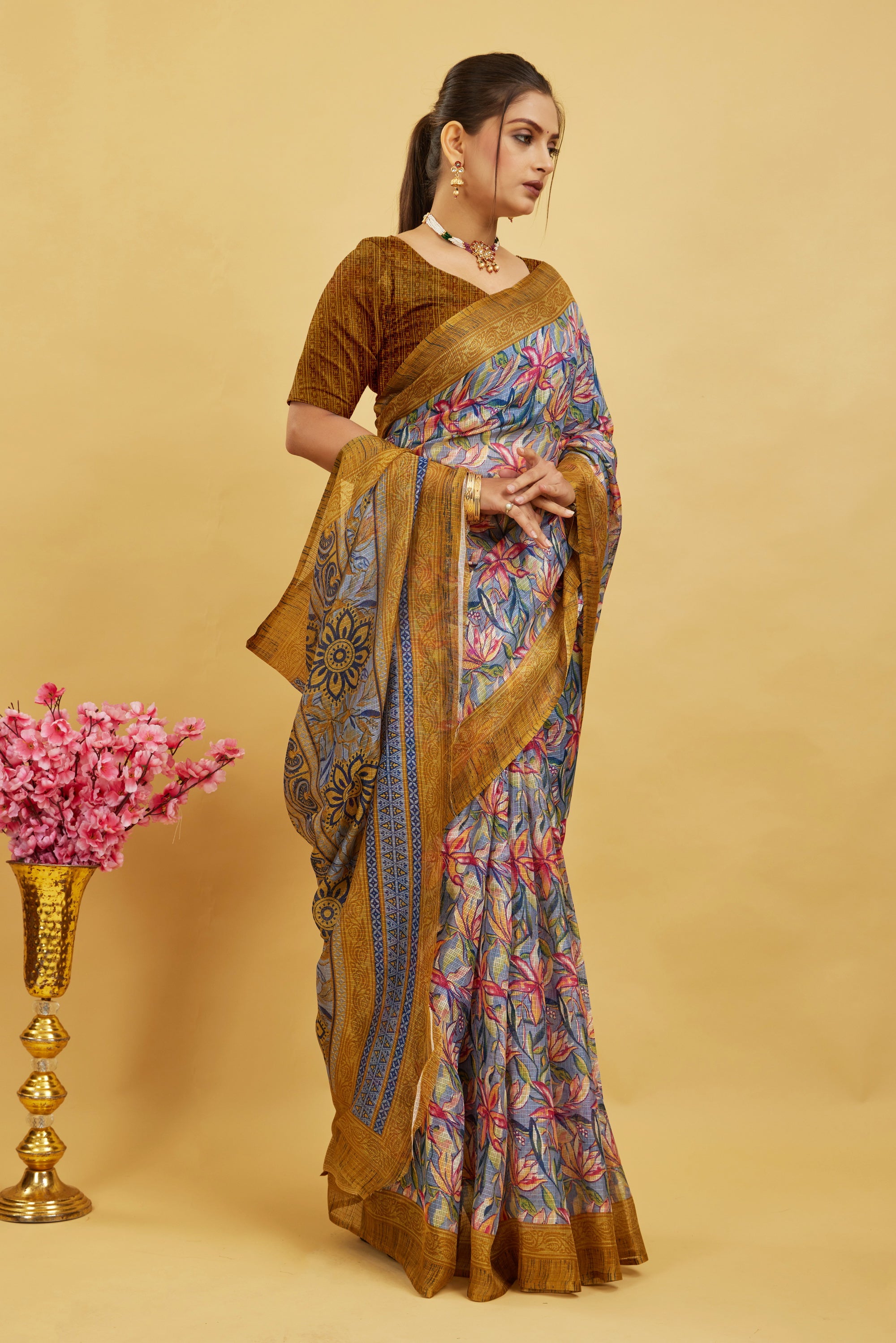 Yellow Digital Printed Cotton Silk Saree
