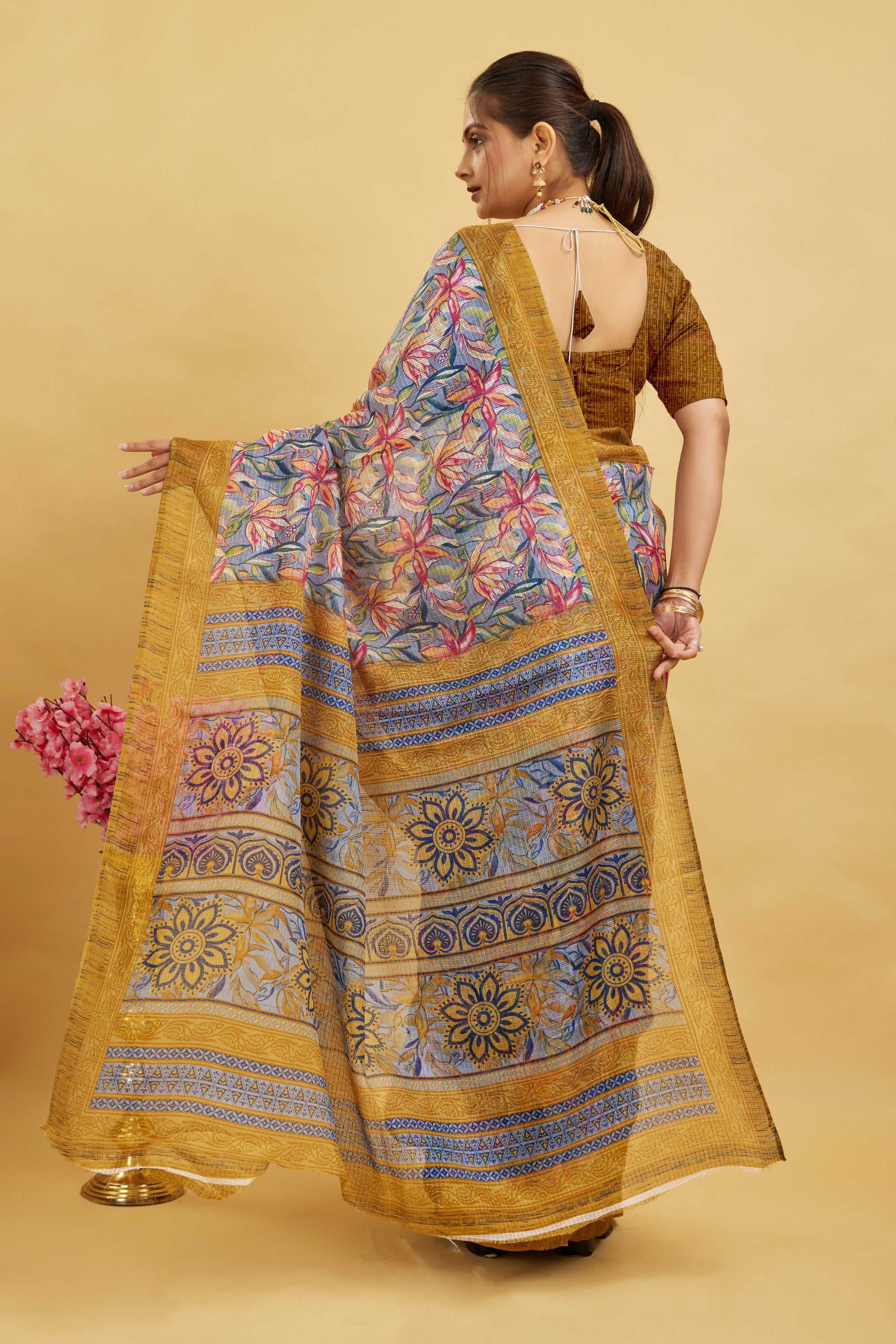 Yellow Digital Printed Cotton Silk Saree