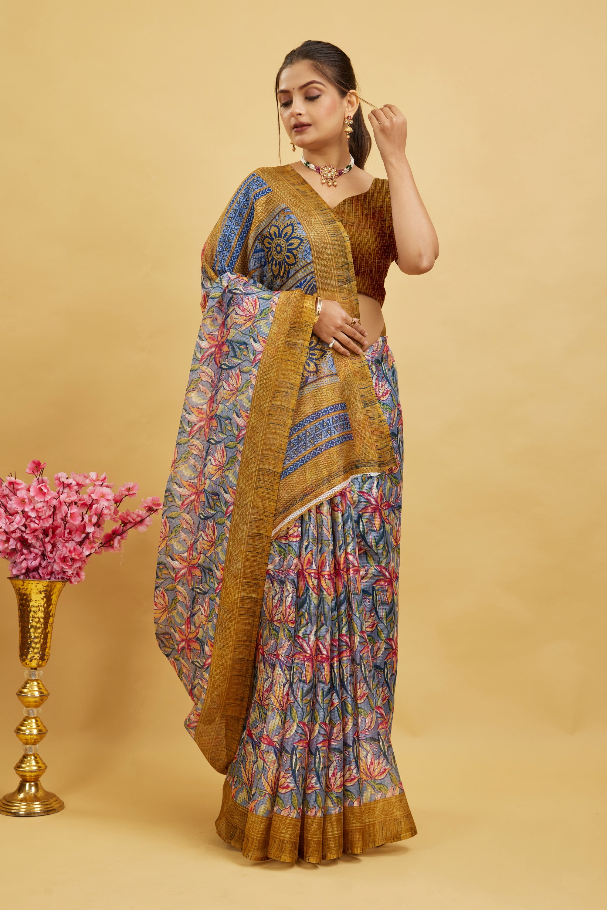 Yellow Digital Printed Cotton Silk Saree