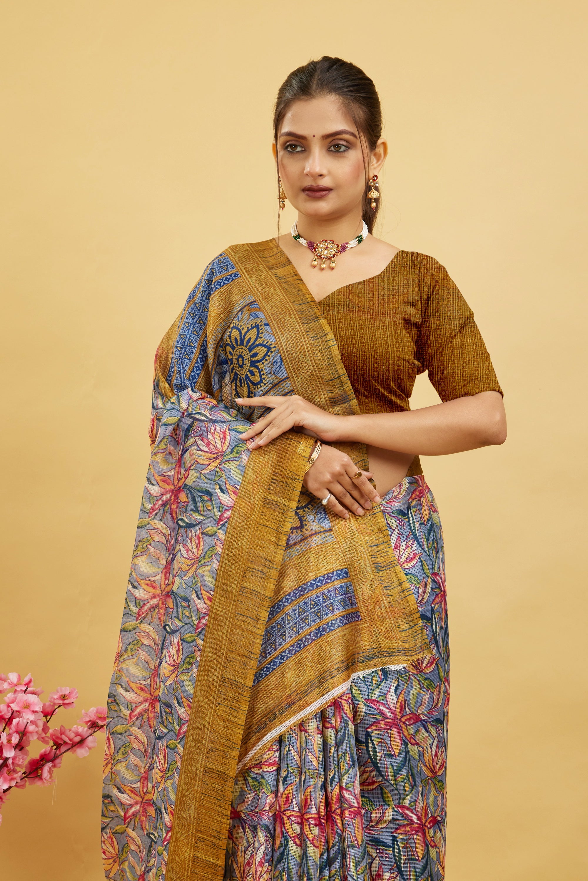 Yellow Digital Printed Cotton Silk Saree