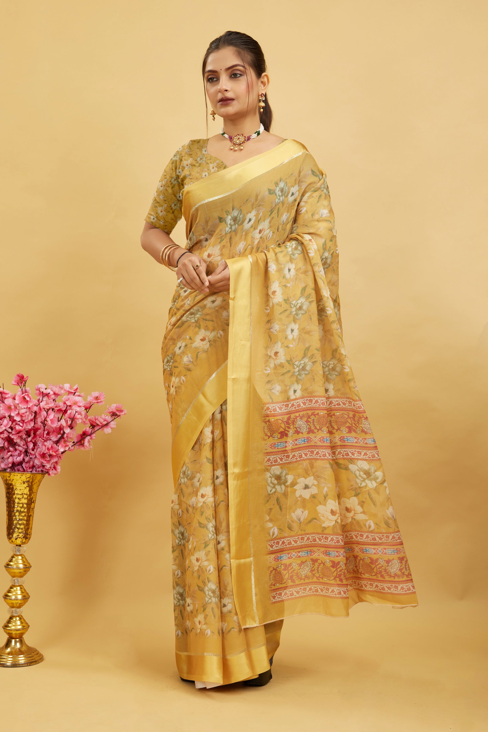 Yellow Floral Printed Bright Moss Saree