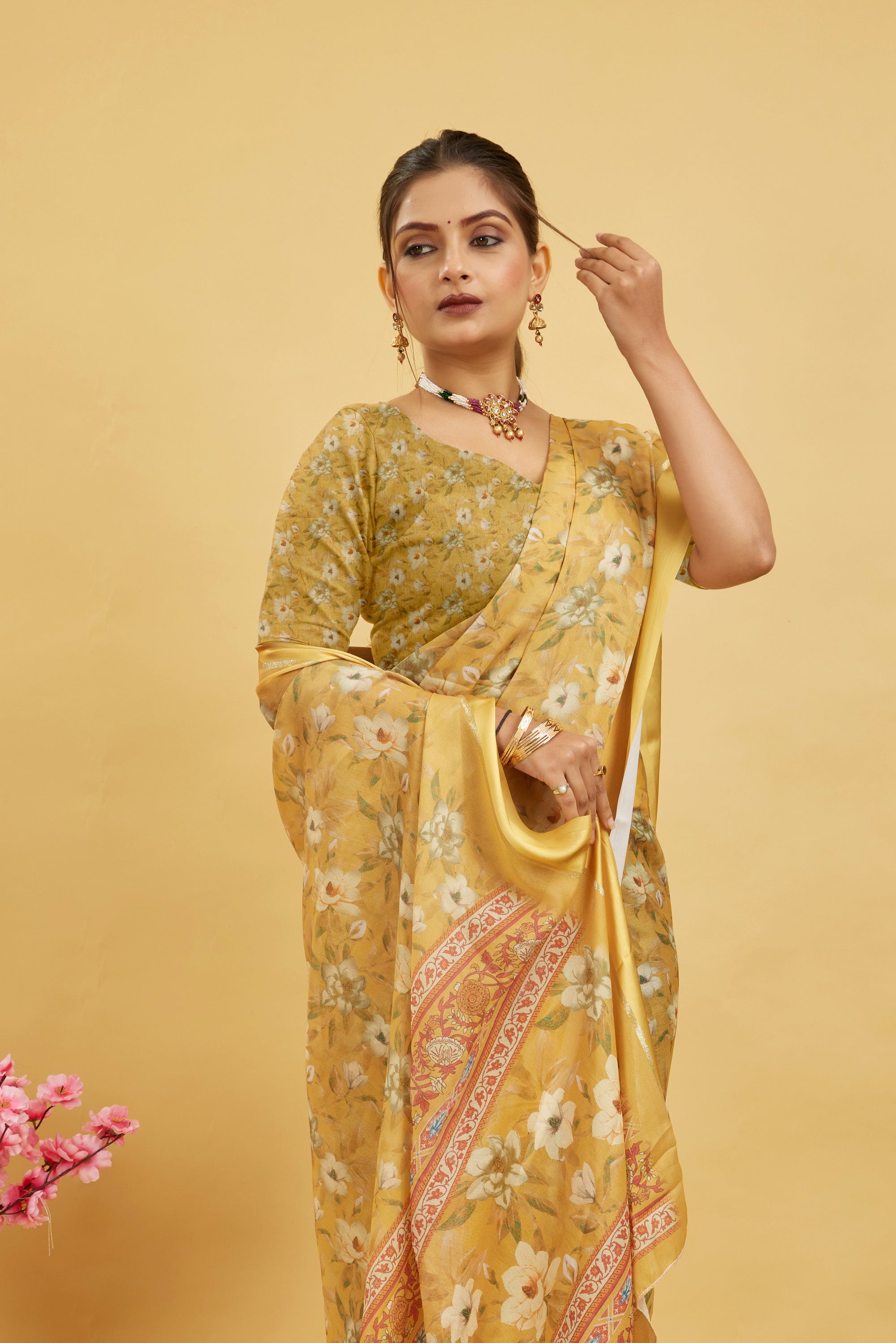 Yellow Floral Printed Bright Moss Saree