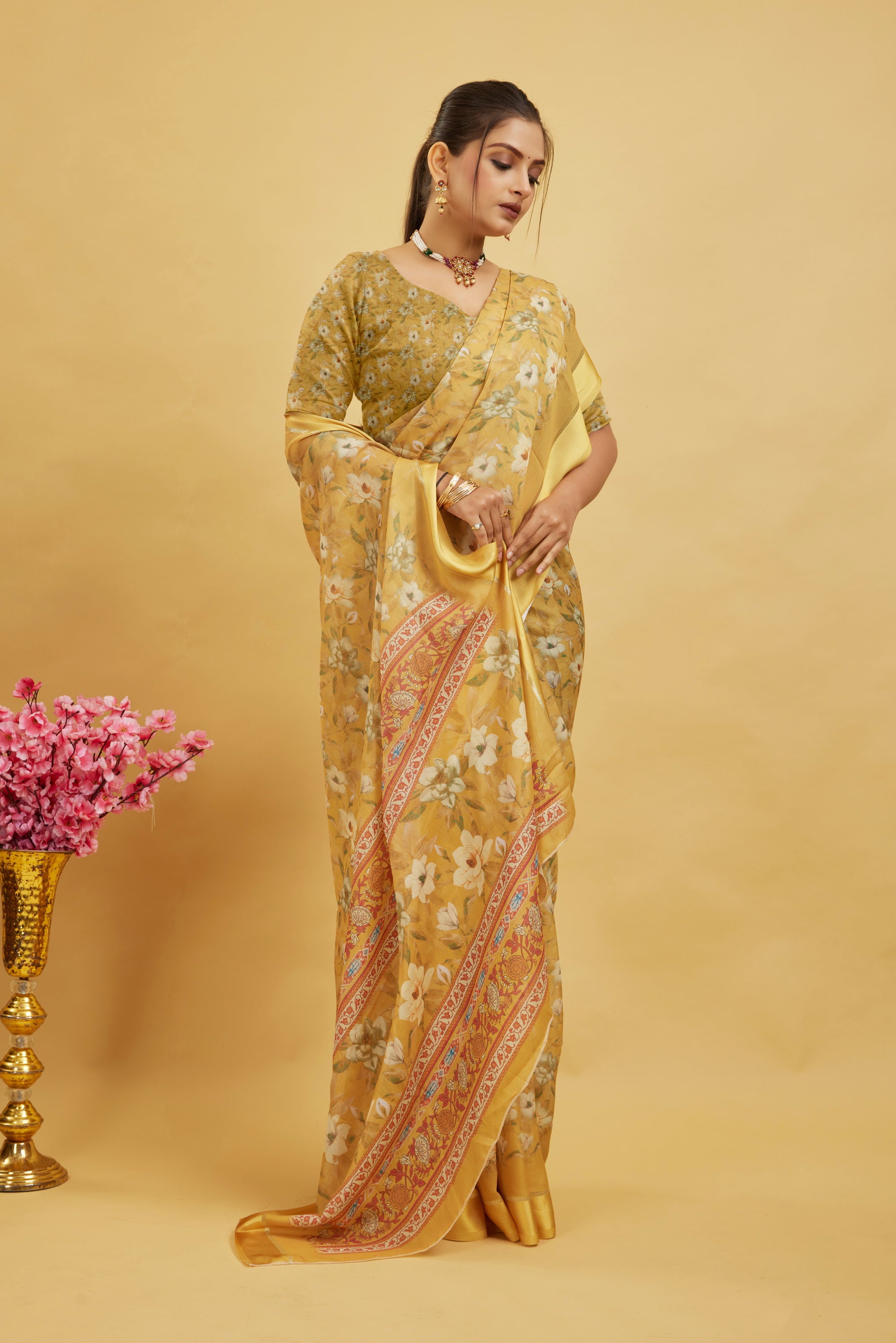 Yellow Floral Printed Bright Moss Saree