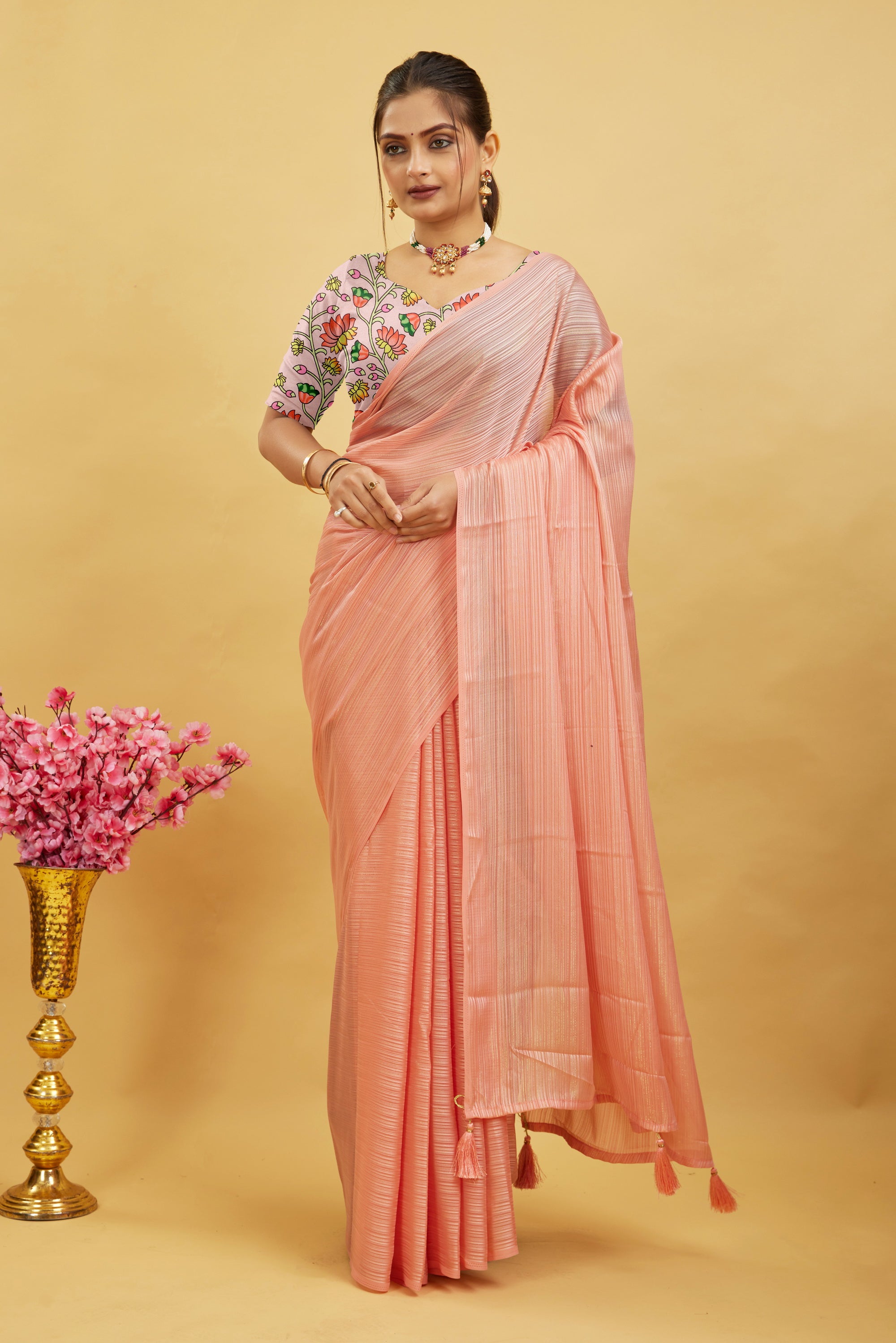 Baby Pink Solid Shimmer Polyester Saree