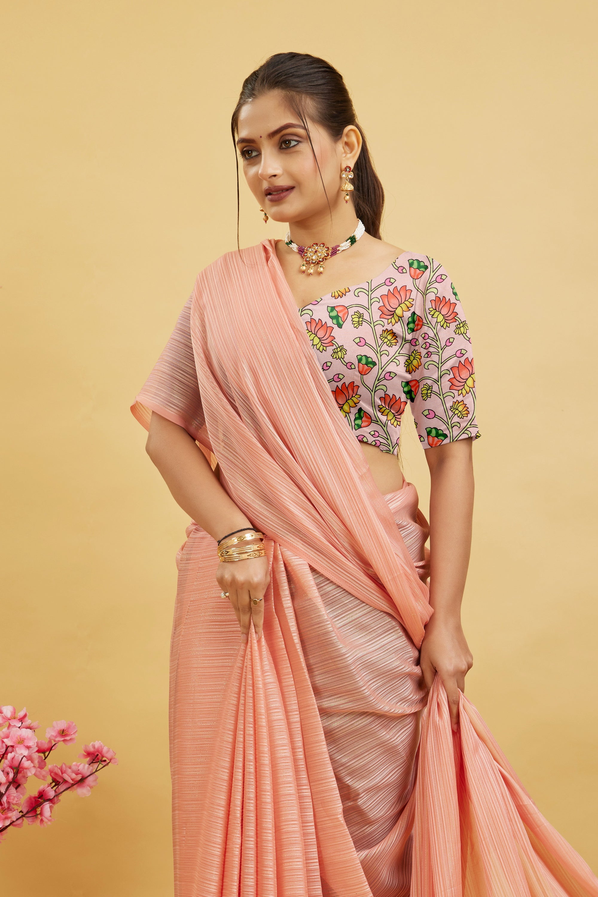 Baby Pink Solid Shimmer Polyester Saree