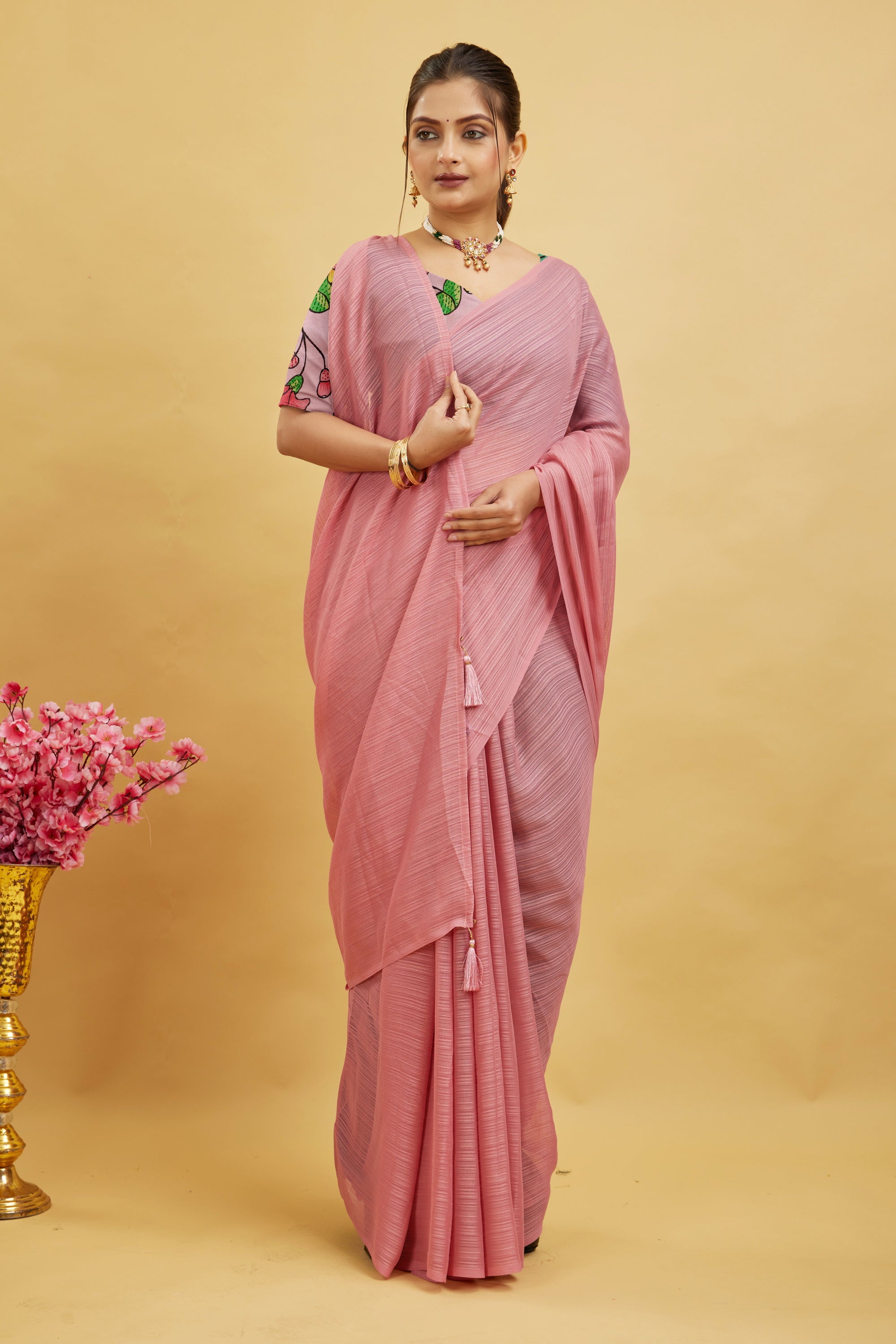 Pink Solid Shimmer Polyester Saree