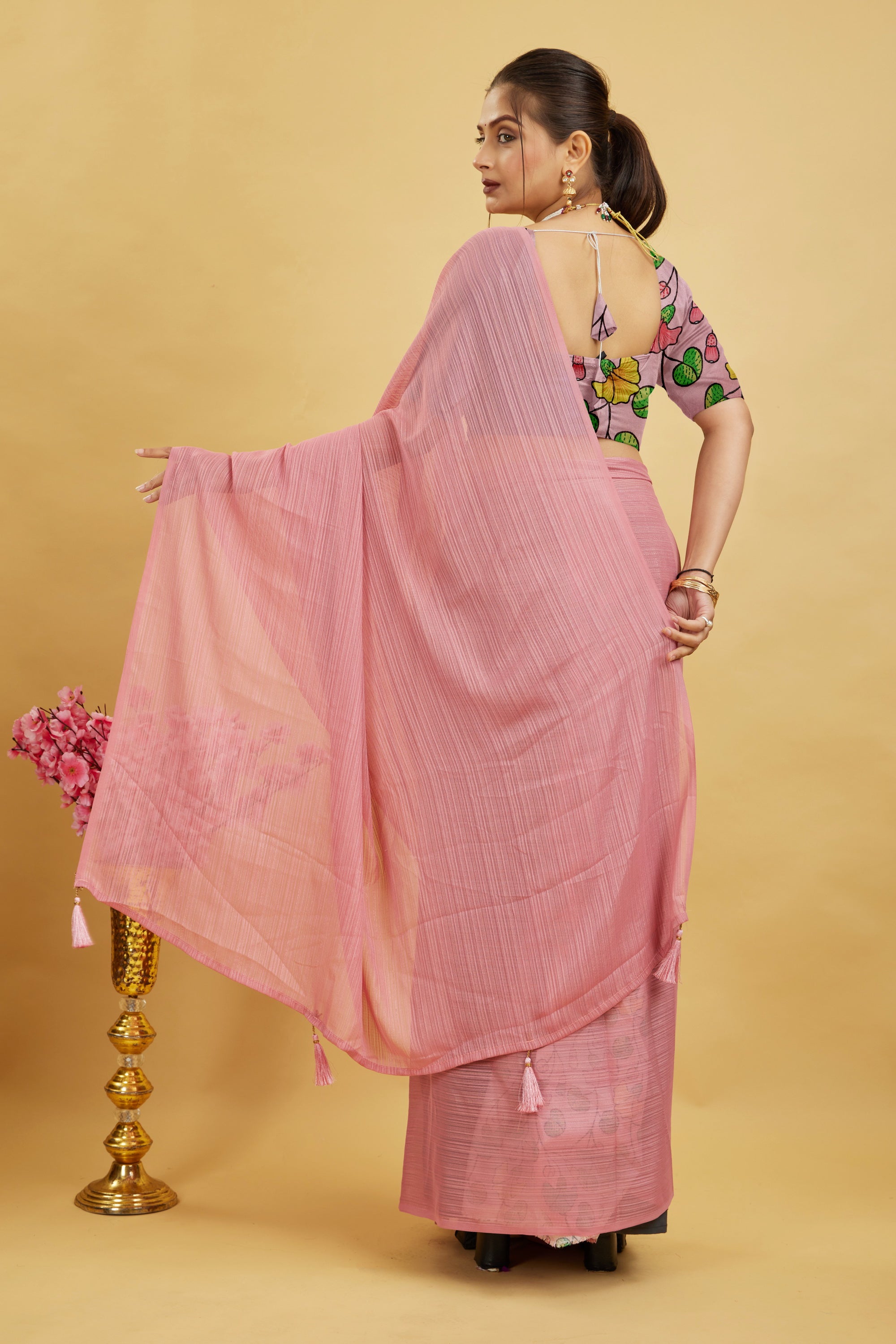 Pink Solid Shimmer Polyester Saree