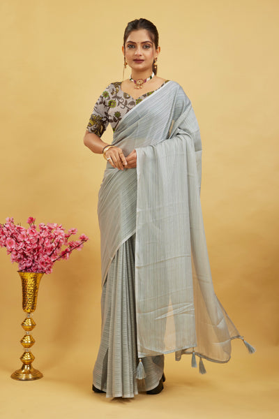 Gray Solid Shimmer Polyester Saree