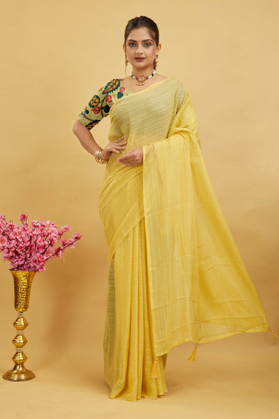 Yellow Solid Shimmer Polyester Saree