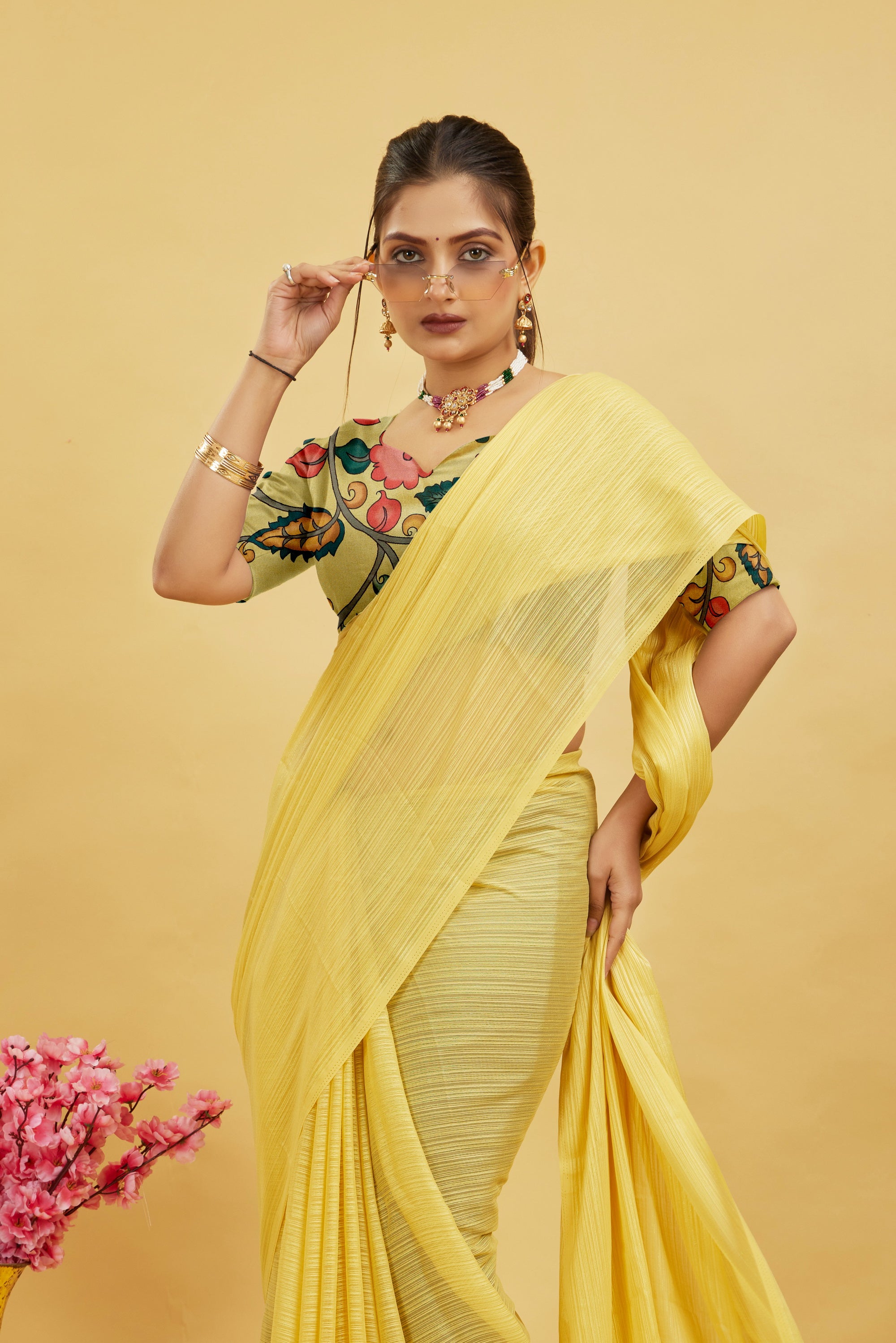 Yellow Solid Shimmer Polyester Saree
