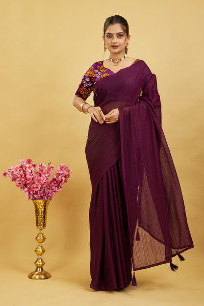 Purple Solid Shimmer Polyester Saree
