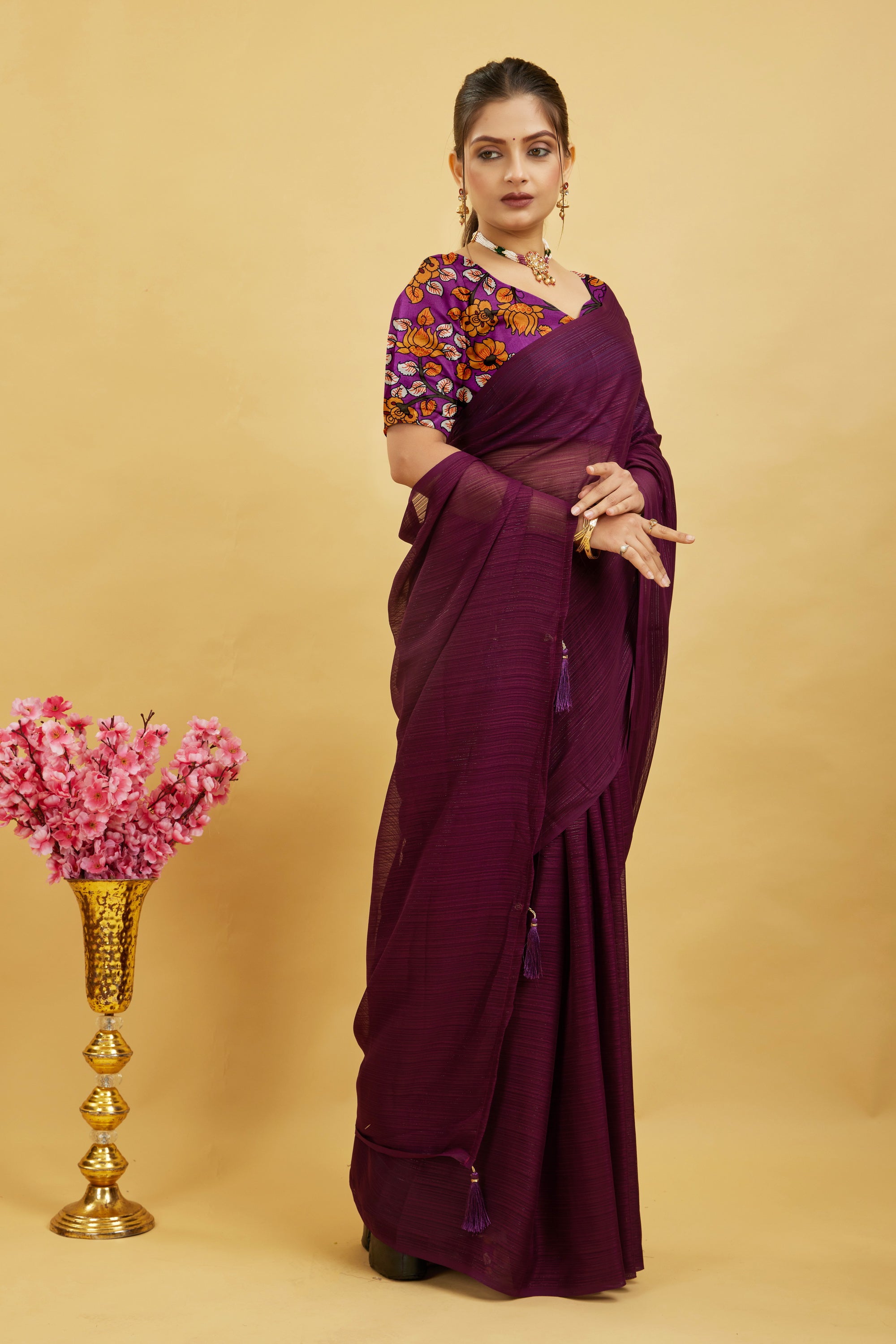 Purple Solid Shimmer Polyester Saree
