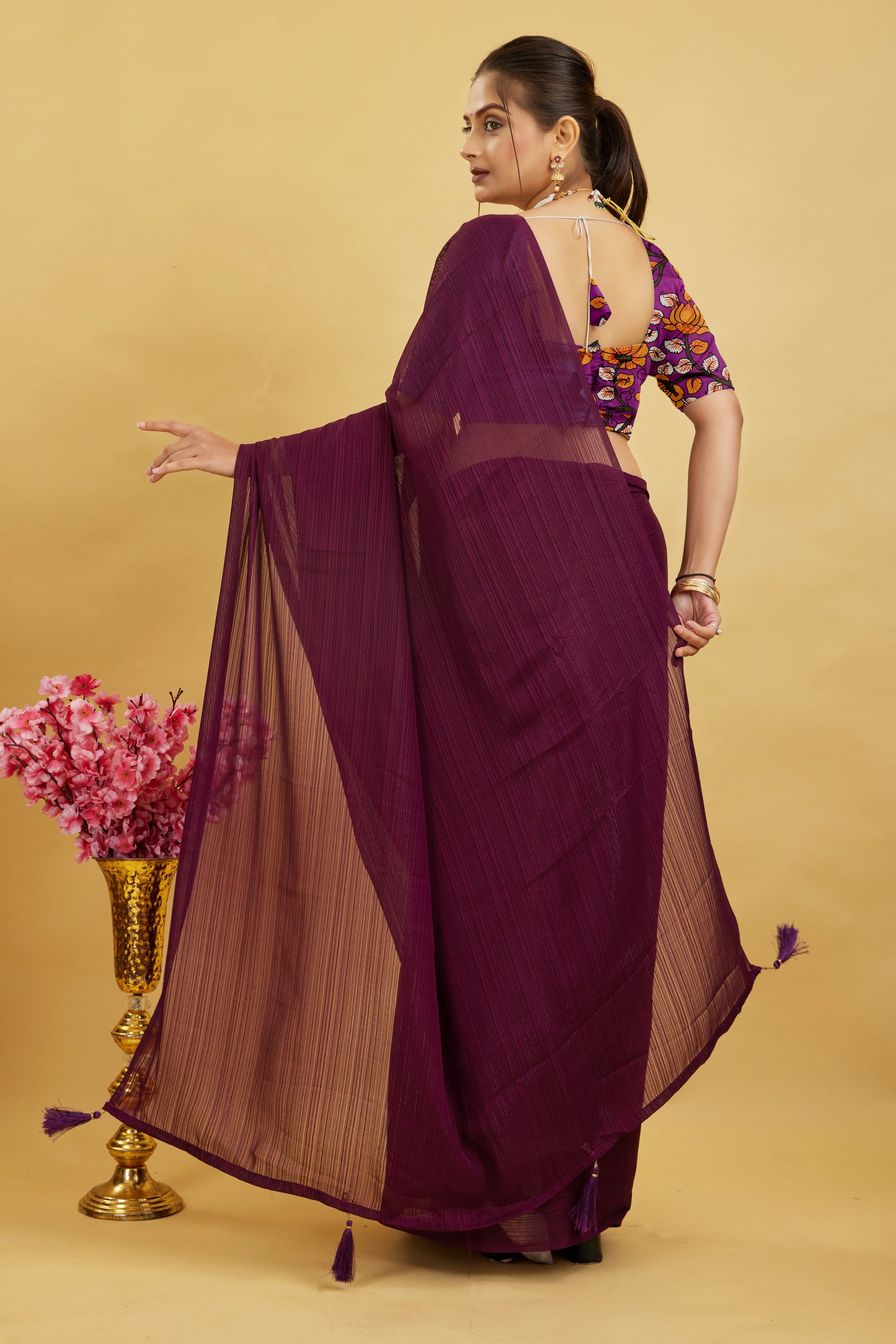 Purple Solid Shimmer Polyester Saree