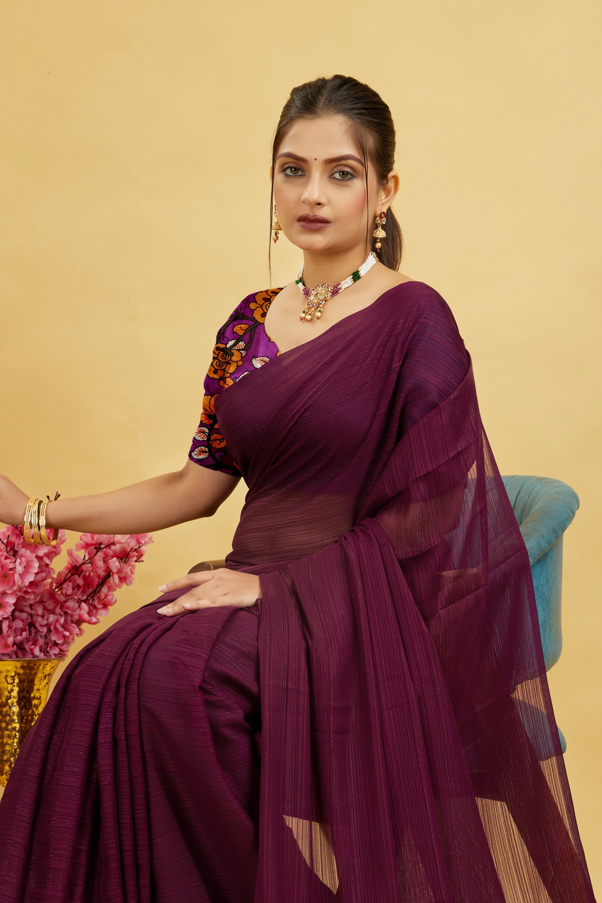 Purple Solid Shimmer Polyester Saree